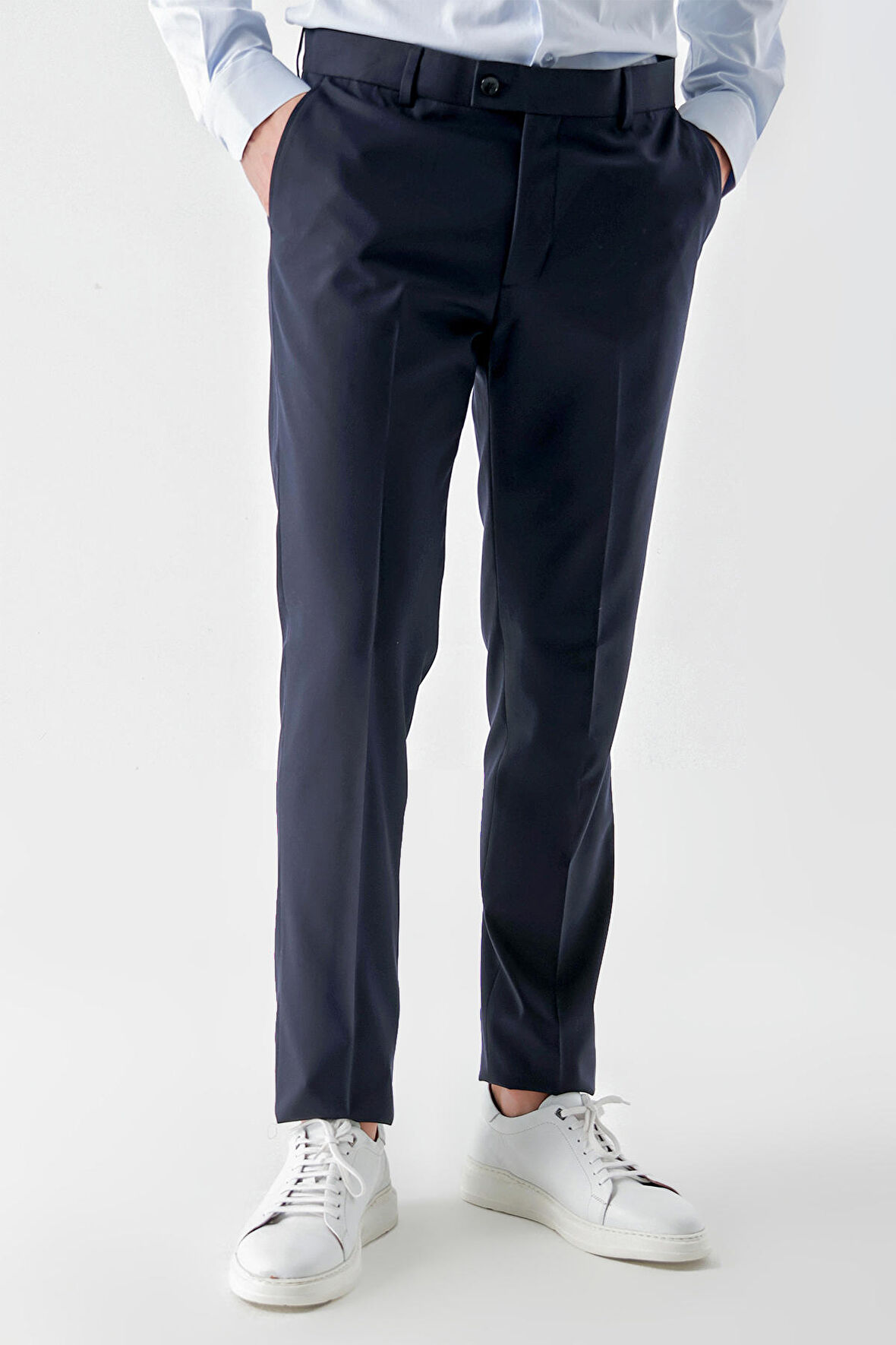  Erkek Lacivert Poliviskon Basic Düz Desen Slim Fit Classic Pantolon
