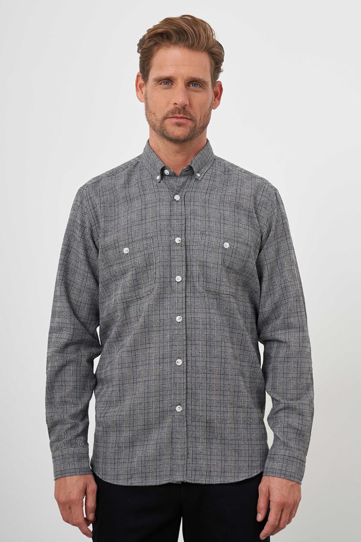  Erkek Gri Trend Oduncu Ekoseli Düğmeli Yaka Regular Fit Gömlek