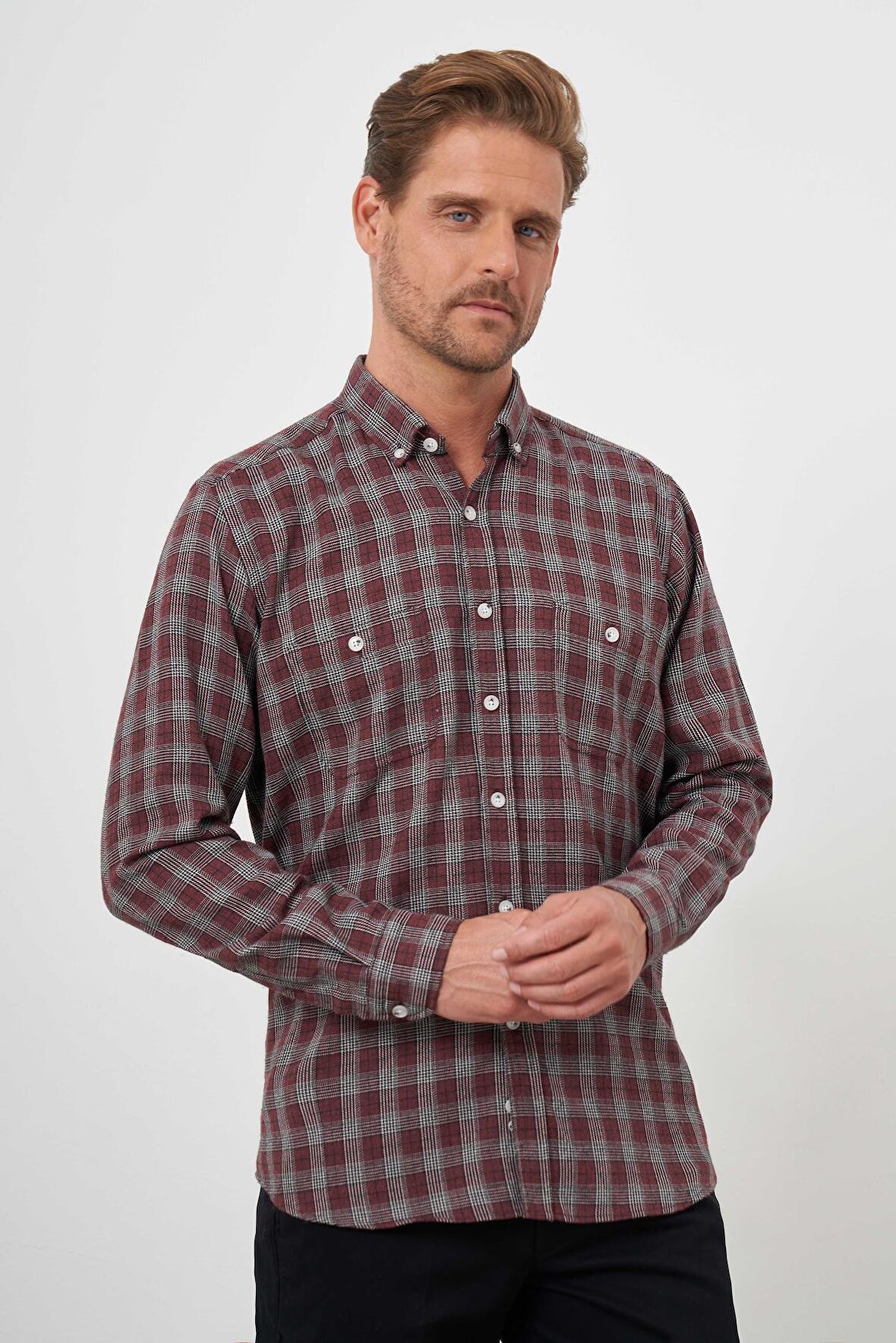  Erkek Bordo Trend Oduncu Ekoseli Düğmeli Yaka Regular Fit Gömlek