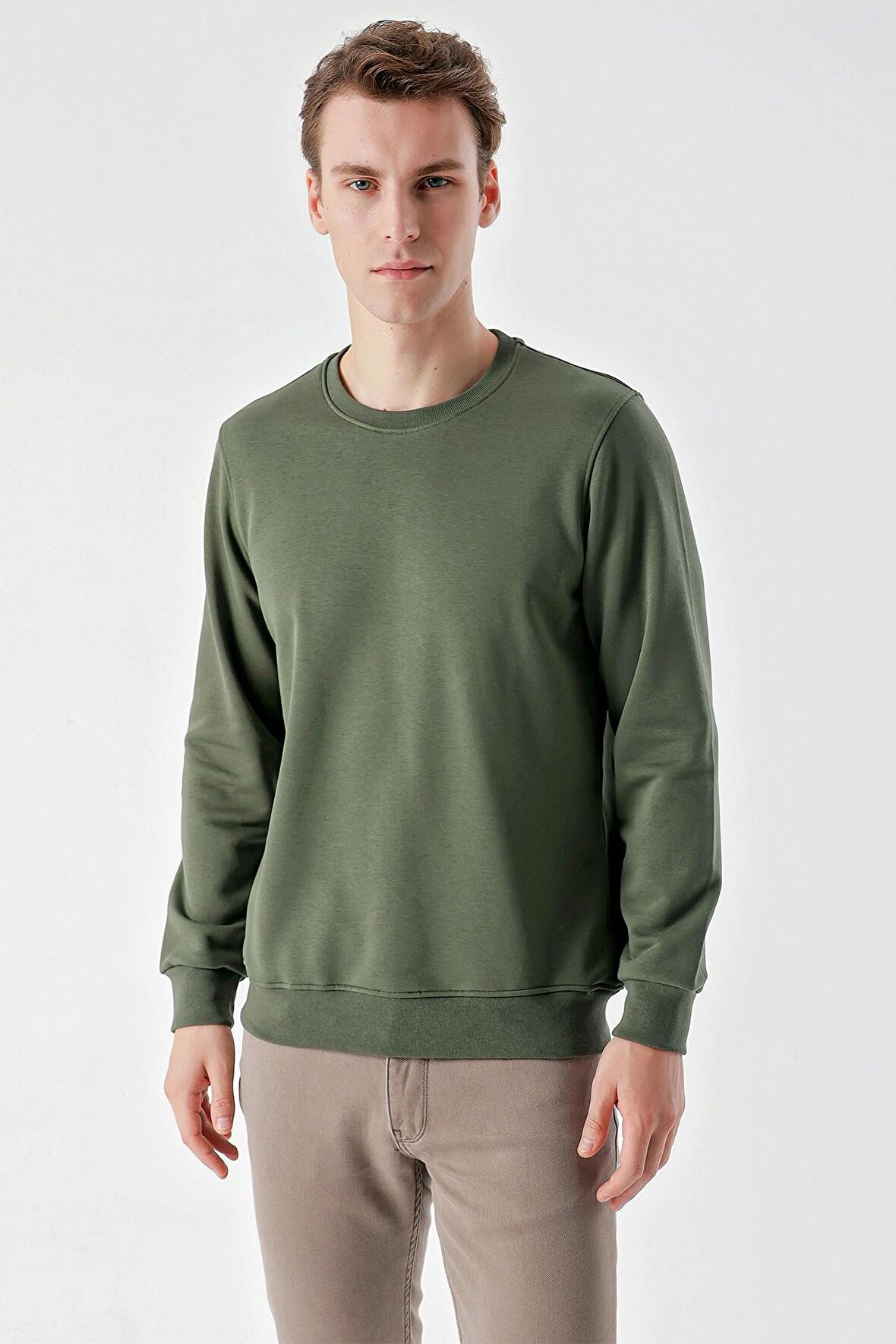  Erkek Yeşil Basic Bisiklet Yaka Sweat-Shirt