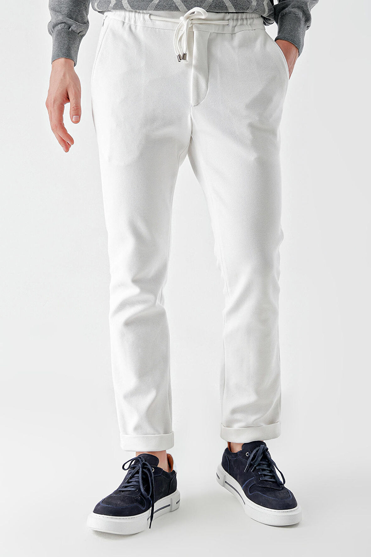  Erkek Beyaz Poliviskon Trend İpli Jogger Slim Fit Spor Pantolon