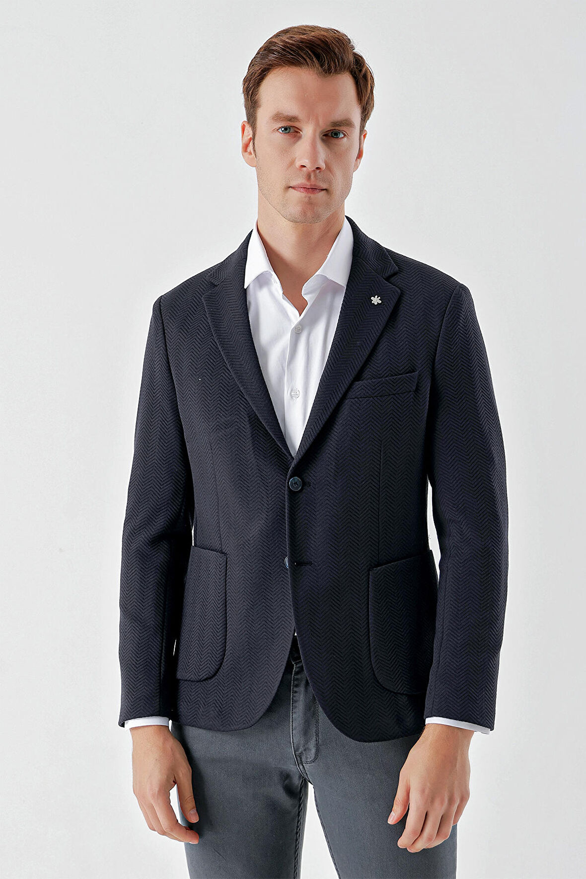  Erkek Lacivert Örme Slim Fit Torba Cep Mono Yaka Spor Ceket