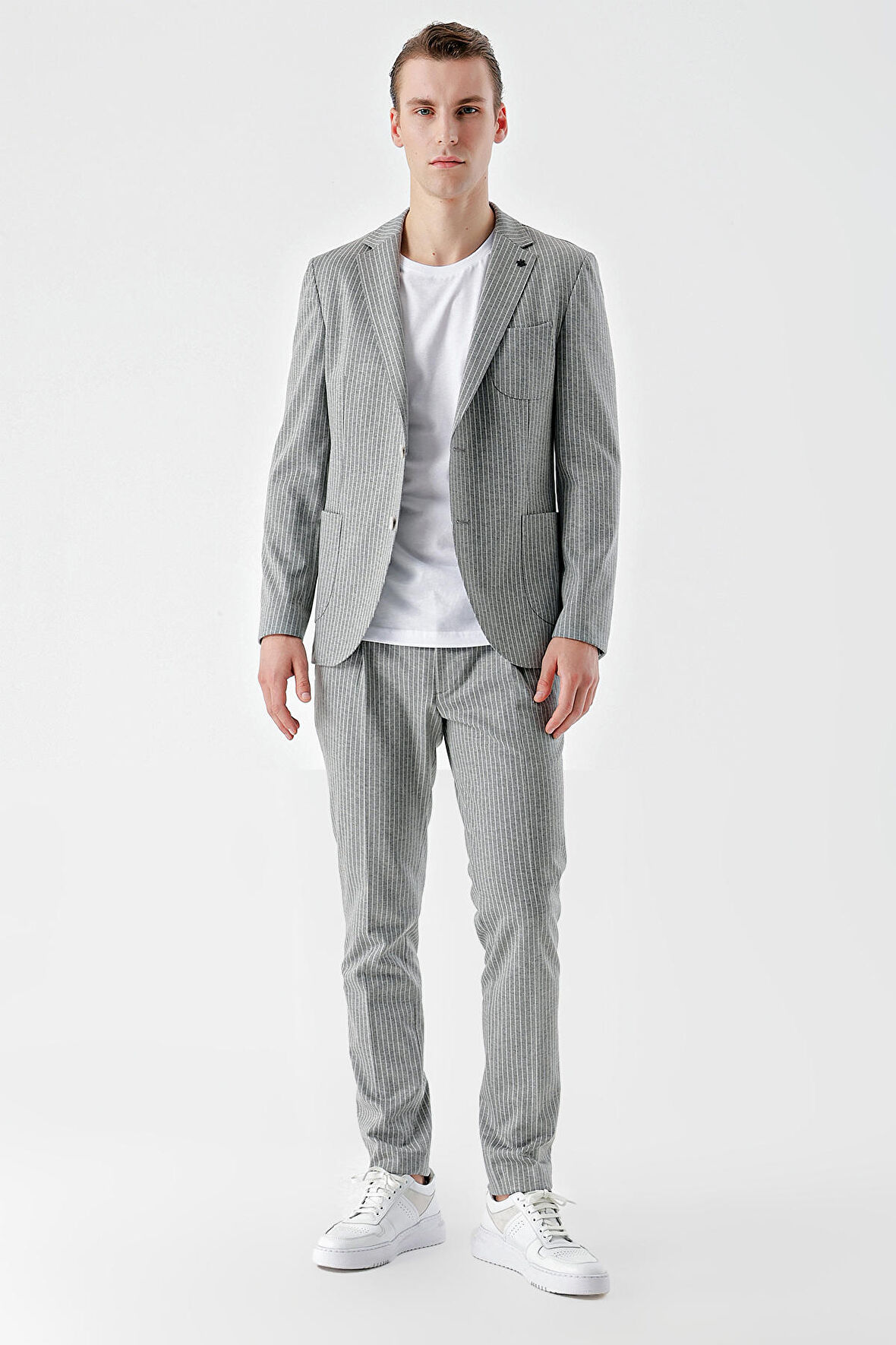  Erkek Gri Poliviskon Trend Çizgili Desen Slim Fit Mono Yaka Takım Elbise