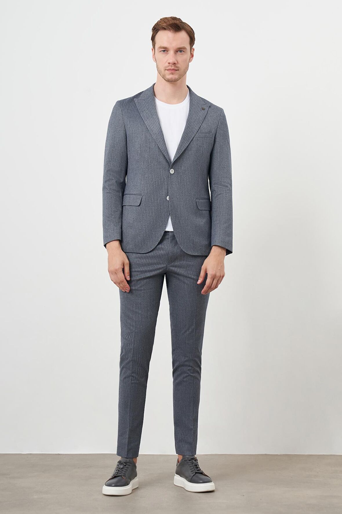  Erkek Lacivert Poliviskon Trend Çizgili Desen Slim Fit Mono Yaka Torba Cep Spor Takım Elbise
