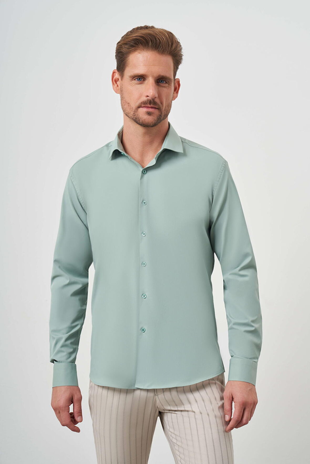  Erkek Su Yeşili Basic Düz Desen İtalyan Yaka Slim Fit Gömlek