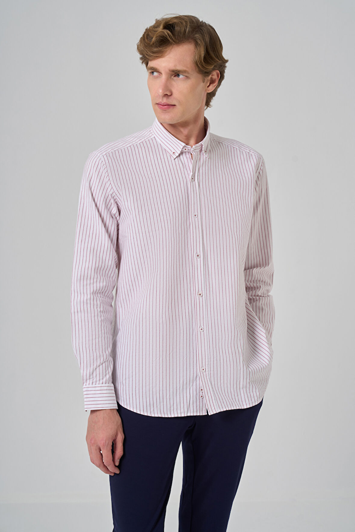  Erkek Bordo Pamuk Çizgili Panolu Düğmeli Yaka Regular Fit Gömlek