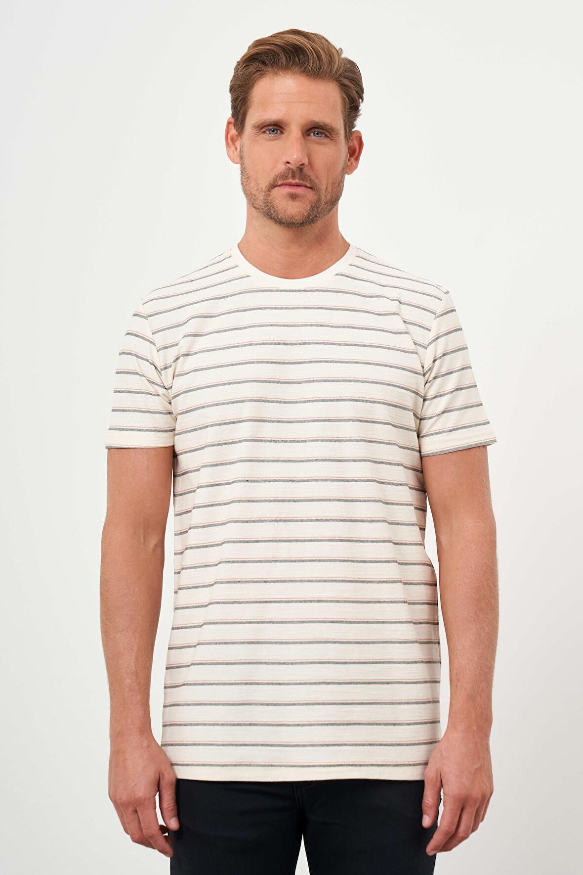  Erkek ORANJ Trend Natur Çizgili Bisiklet Yaka Dynamic Fit T-Shirt
