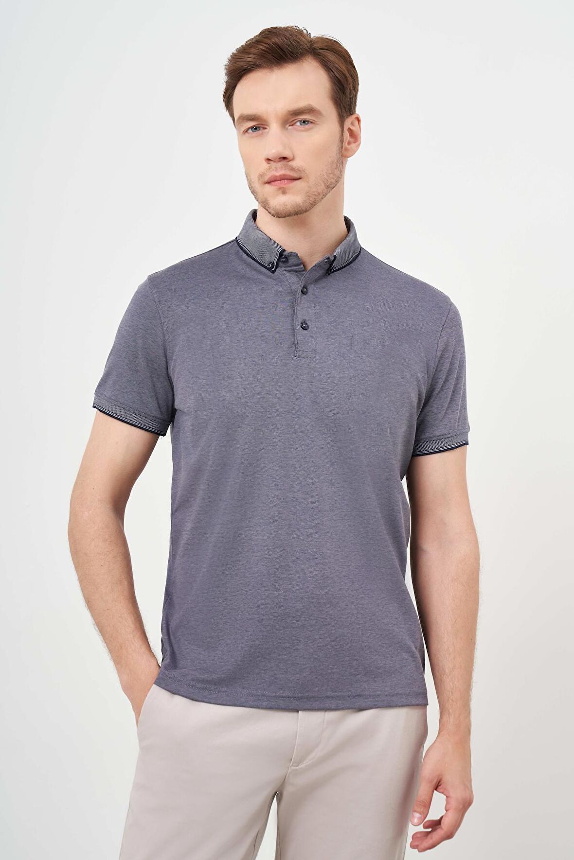  Erkek Füme Trend Merserize Düz Düğmeli Yaka Dynamic Fit T-Shirt