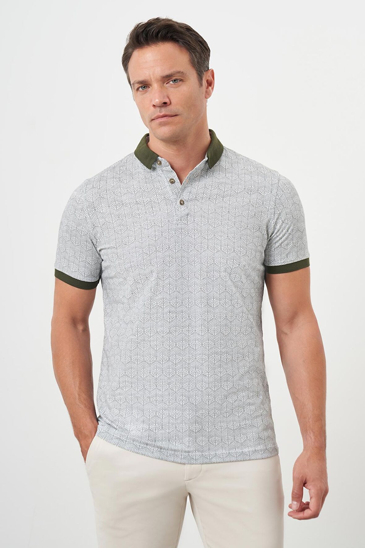  Erkek Haki Trend Compact Rotasyon Baskı Pike Polo Yaka T-Shirt