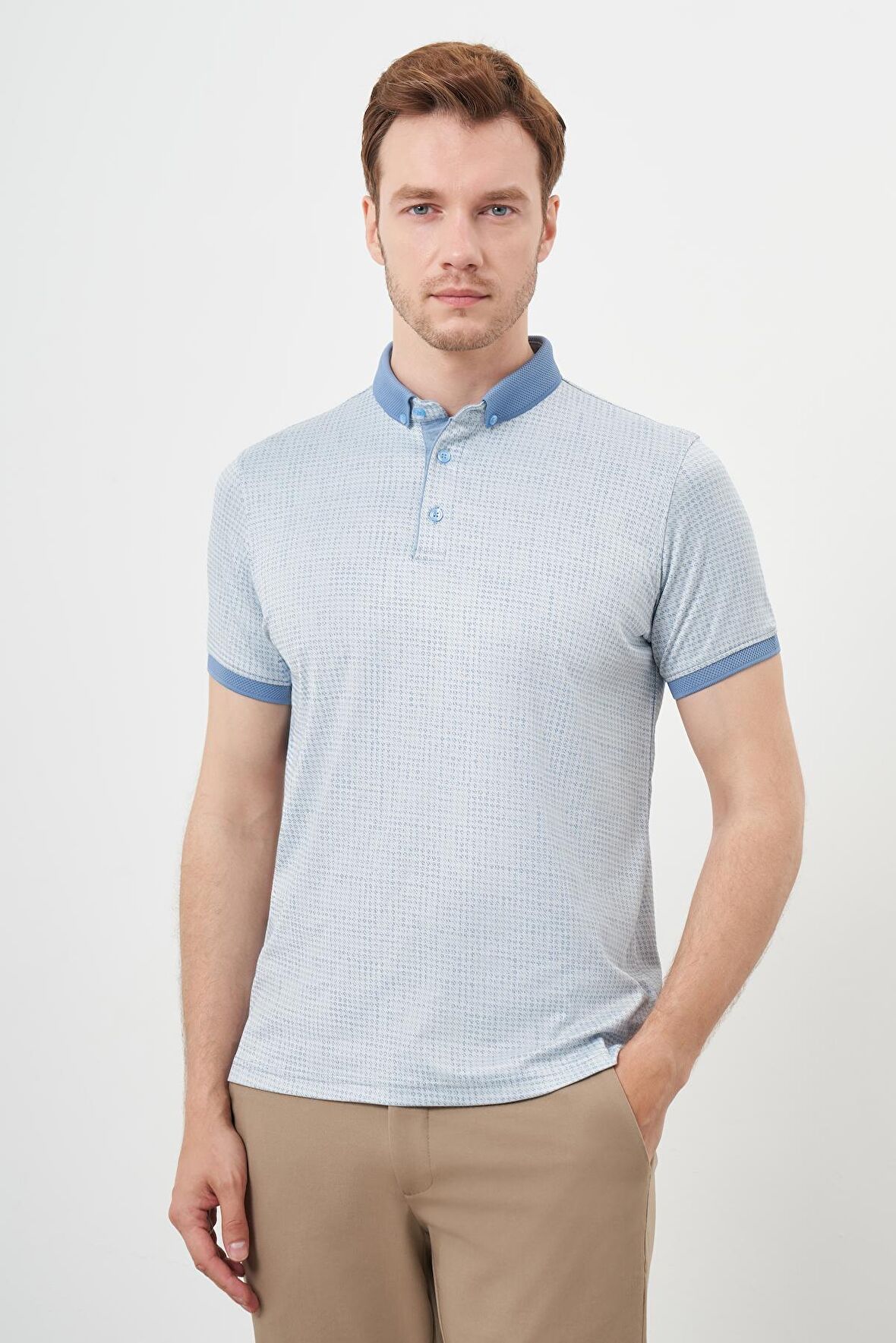  Erkek A. MAVİ Trend Merserize Jakar Desen Düğmeli Yaka Dynamic Fit T-Shirt