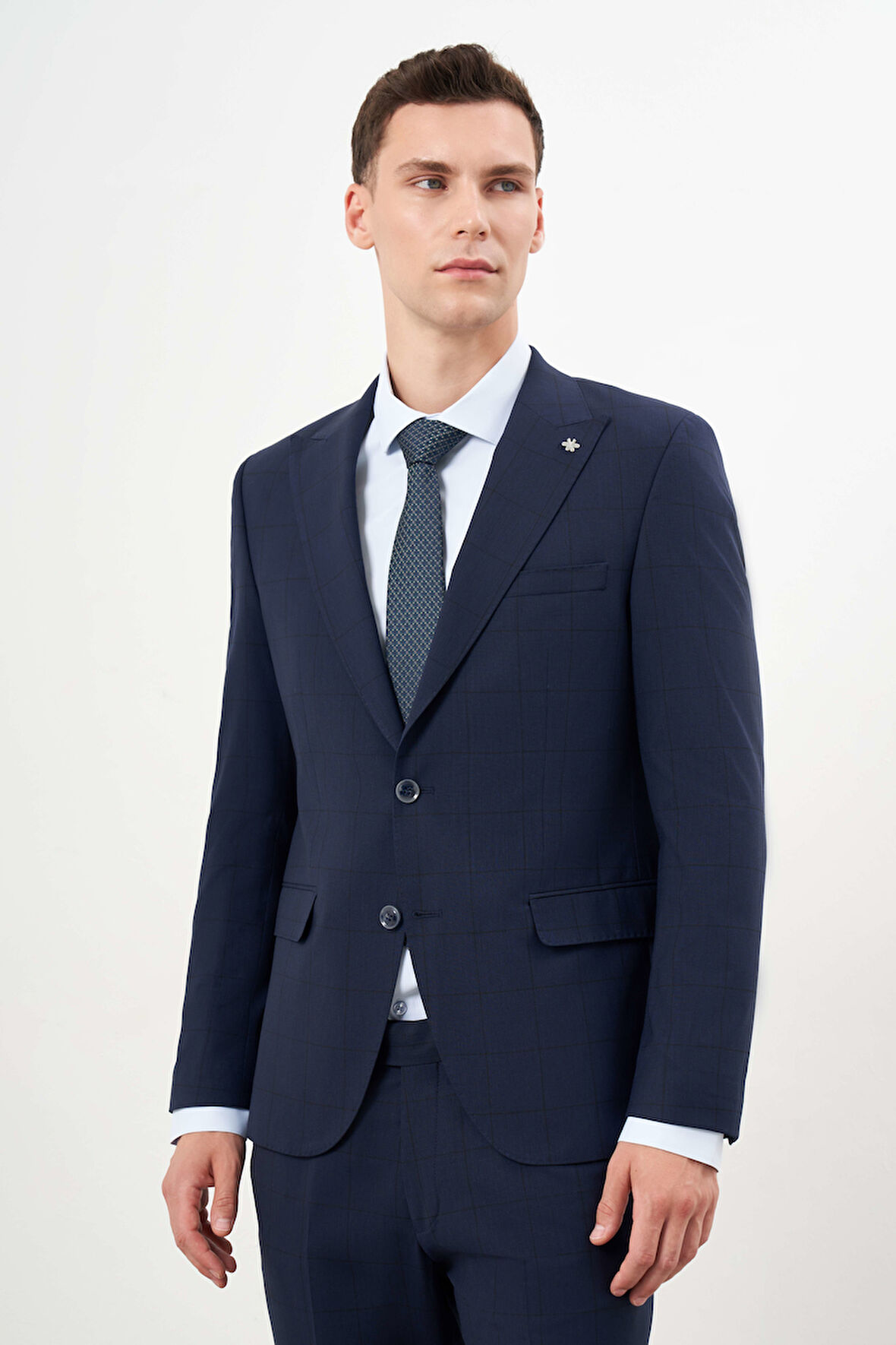  Erkek Lacivert Yünlü Platinium Ekoseli Slim Fit Mono Yaka Takım Elbise