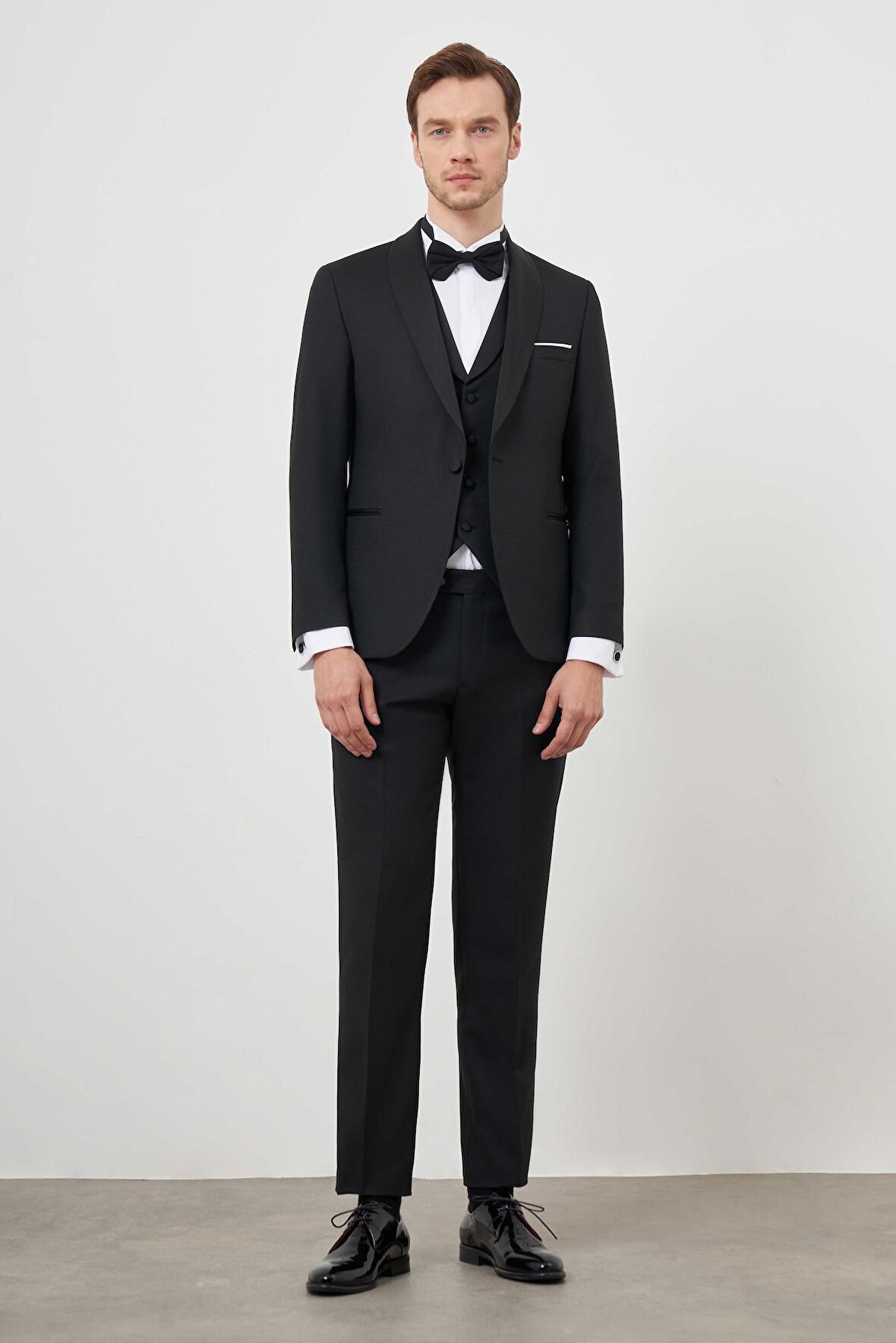  Erkek Siyah Poliviskon Ceromonia Santorini Slim Fit Şal Yaka Damatlık