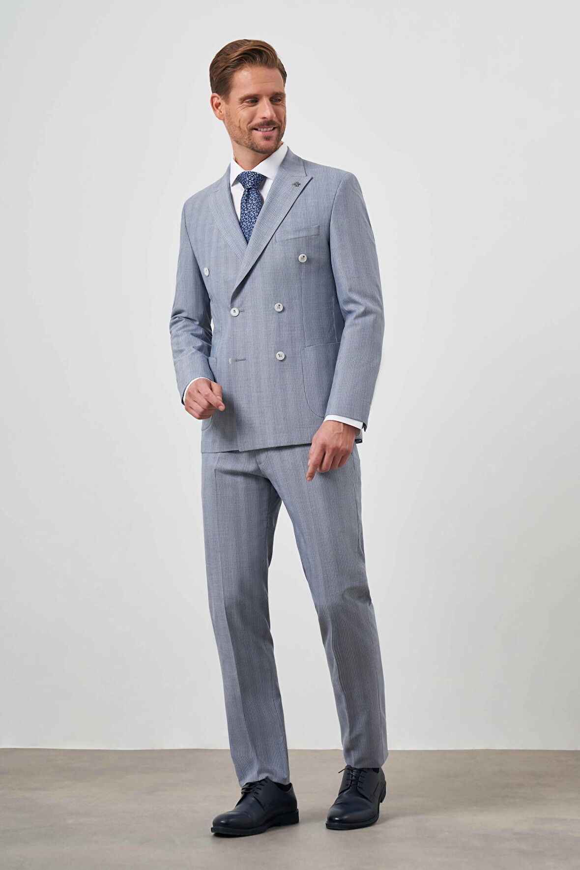  Erkek Lacivert Poliviskon Trend Kruvaze Slim Fit Sivri Yaka Takım Elbise