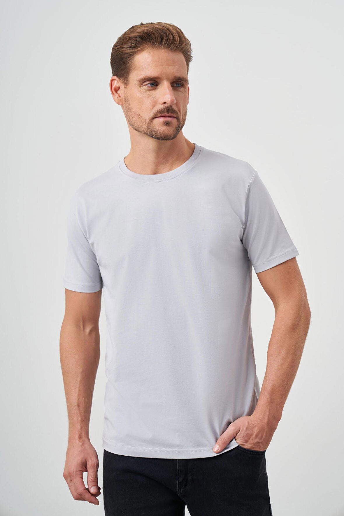  Erkek Gri Basic Bisiklet Yaka Dynamic Fit T-Shirt