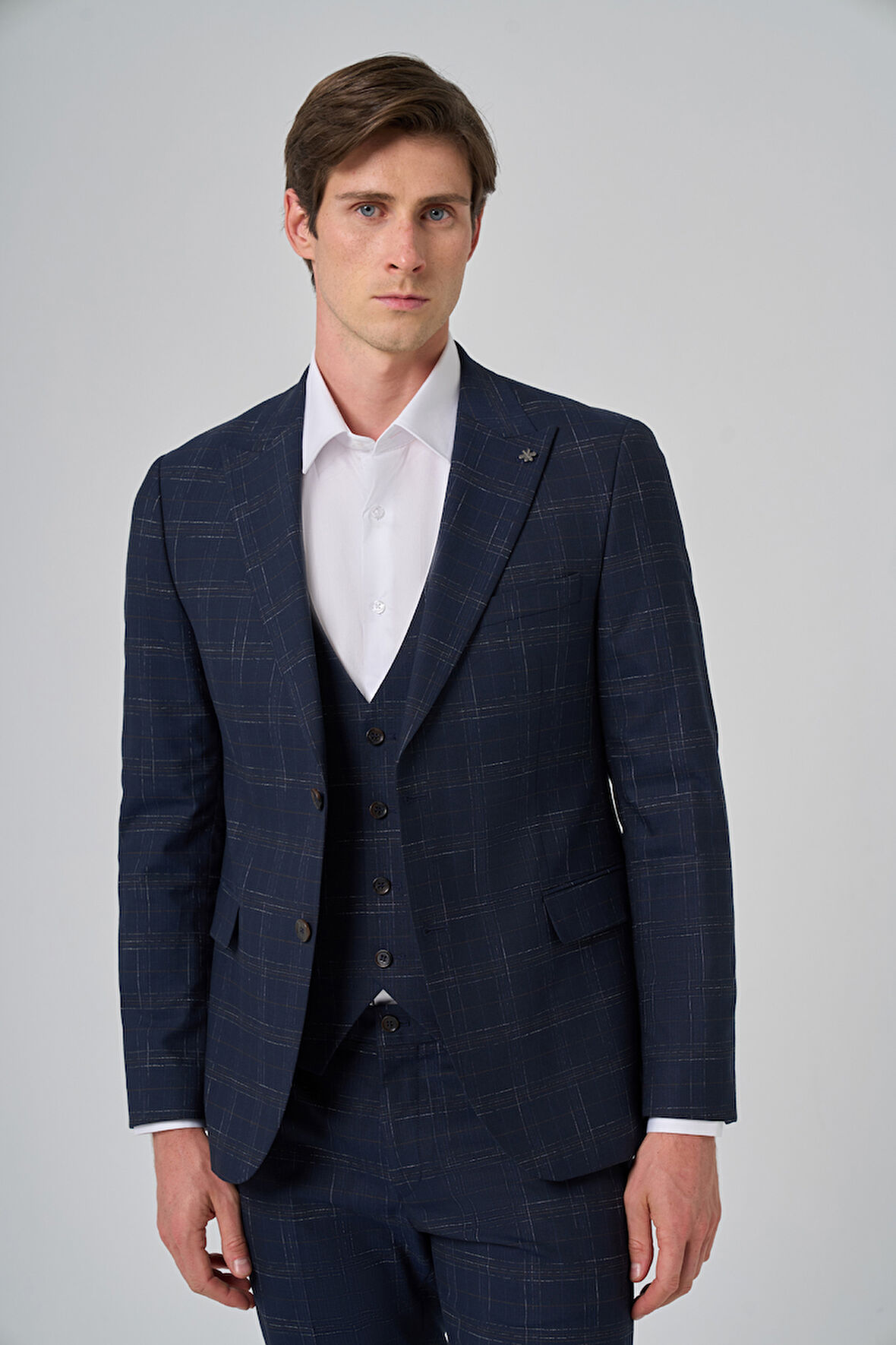  Erkek Lacivert Poliviskon Trend Yelekli Ekoseli Slim Fit Sivri Yaka Takım Elbise