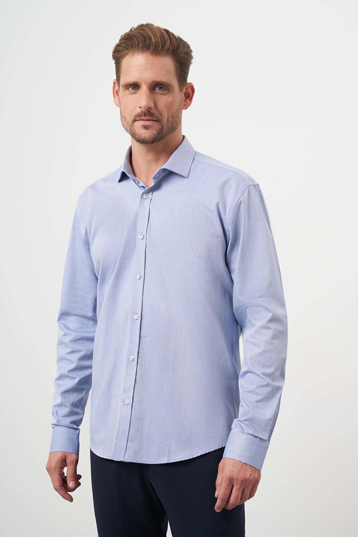  Erkek Mavi Pamuk  Baskılı Desenli İtalyan Yaka Slim Fit Gömlek
