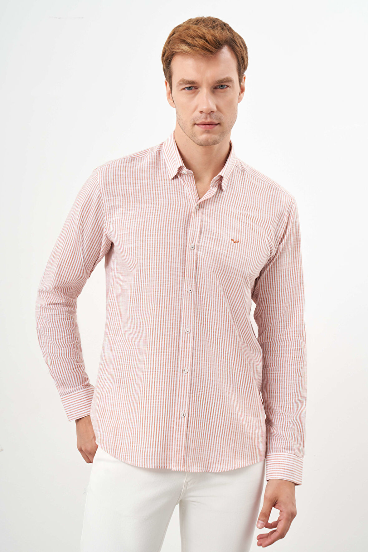  Erkek Turuncu Pamuk Çizgili-Panolu İtalyan Yaka Slim Fit Gömlek