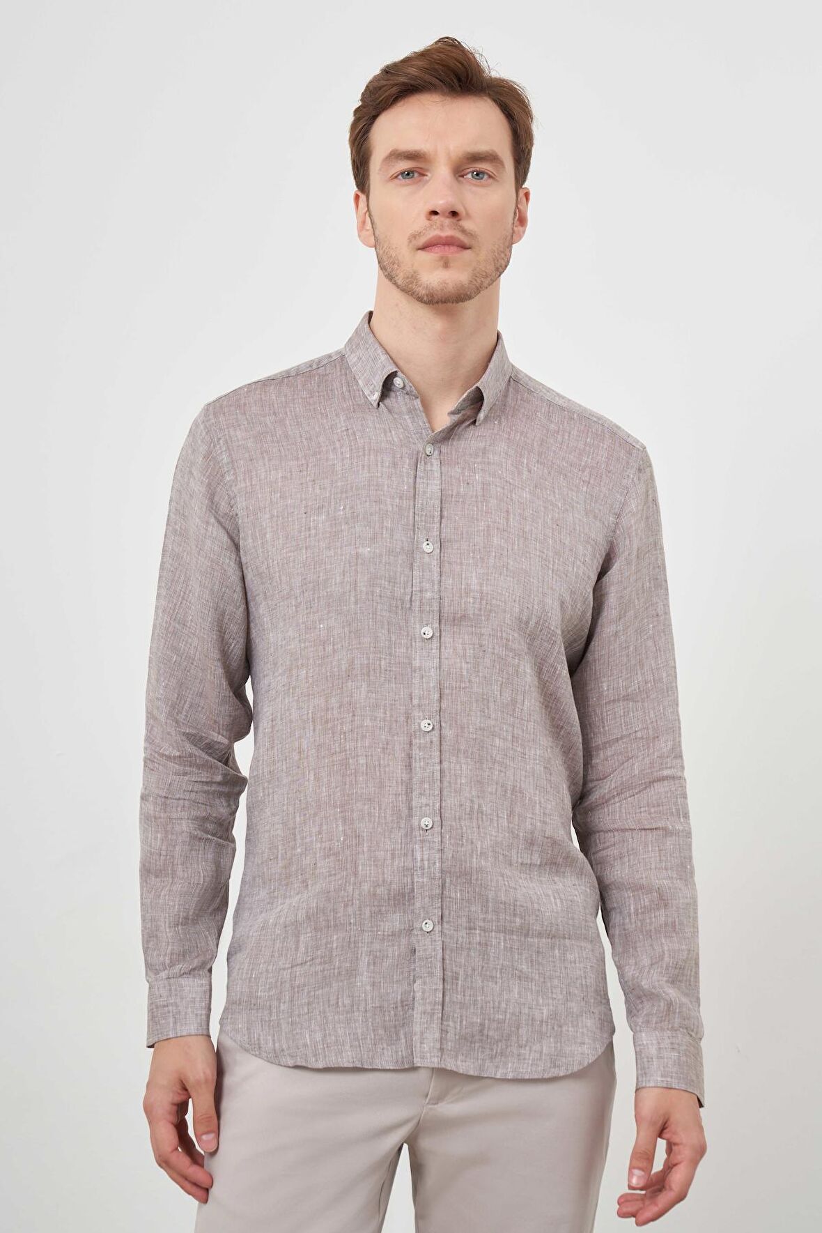  Erkek KAHVE Keten Düğmeli Yaka Regular Fit Gömlek