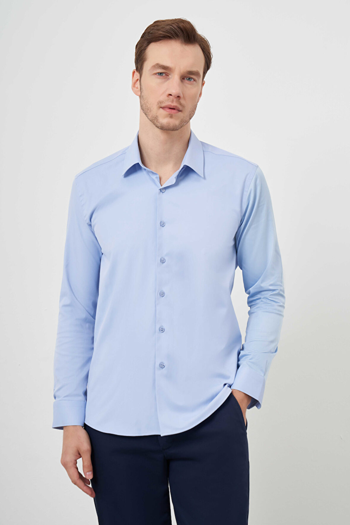  Erkek A. MAVİ Pamuk Düz Desen İtalyan Yaka Slim Fit  Gömlek