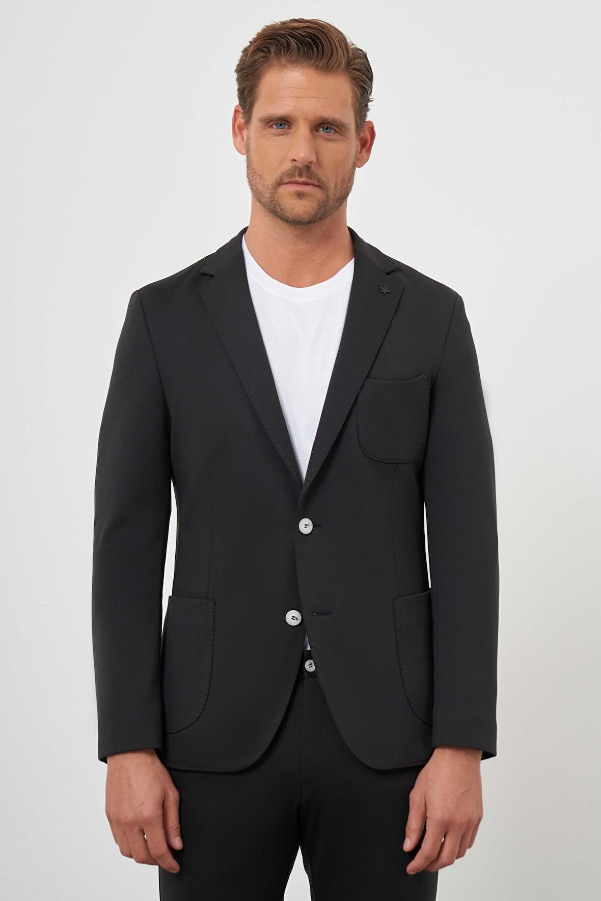  Erkek Siyah Poliviskon Trend Desenli Slim Fit Mono Yaka Takım Elbise