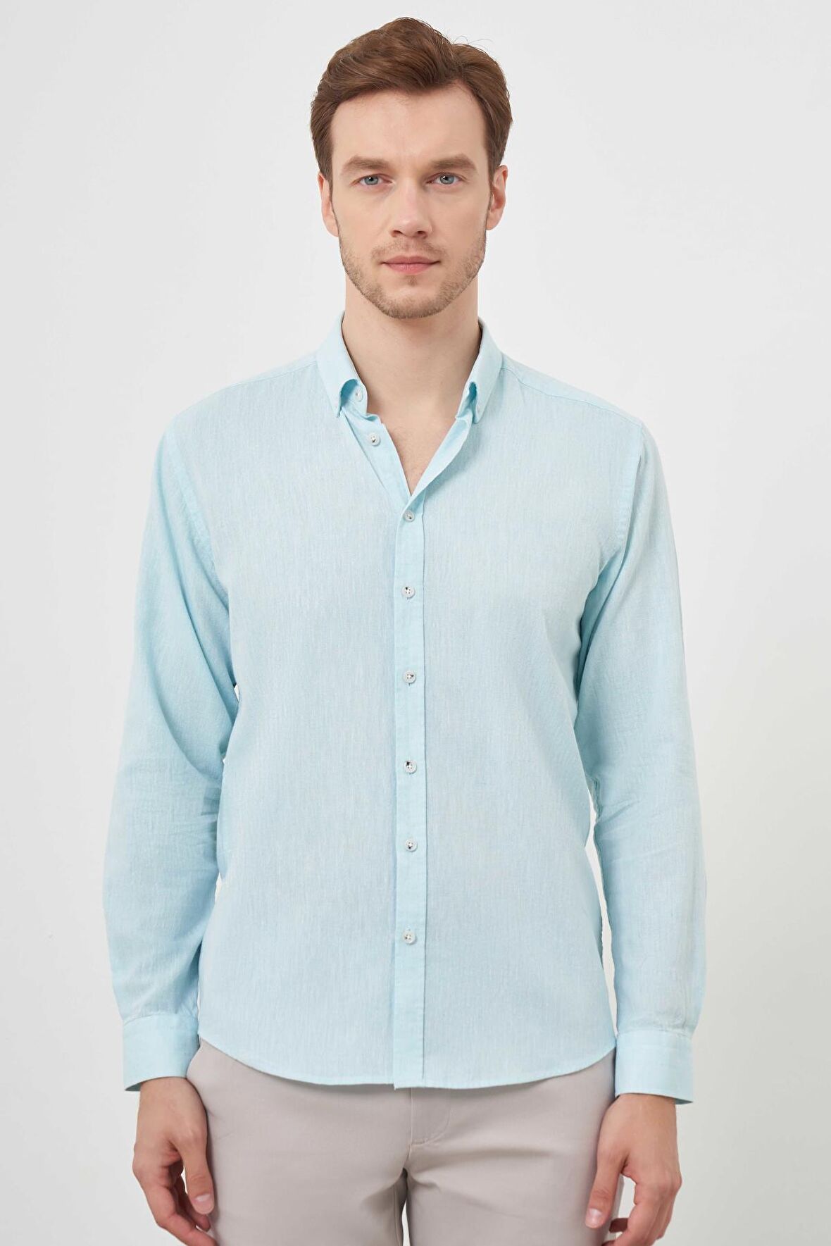  Erkek Su Yeşili Keten Düz Desen Düğmeli Yaka Slim Fit Gömlek