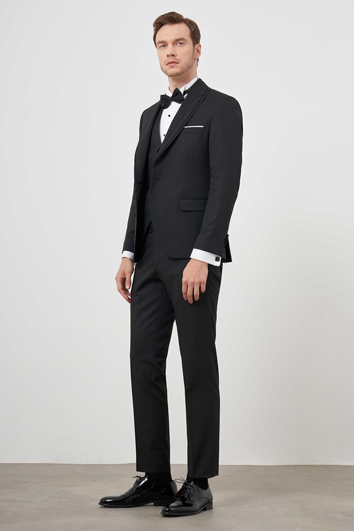  Erkek Siyah Poliviskon Ceromonia Jakar Desen Slim Fit Şal Çıkma Yaka Damatlık