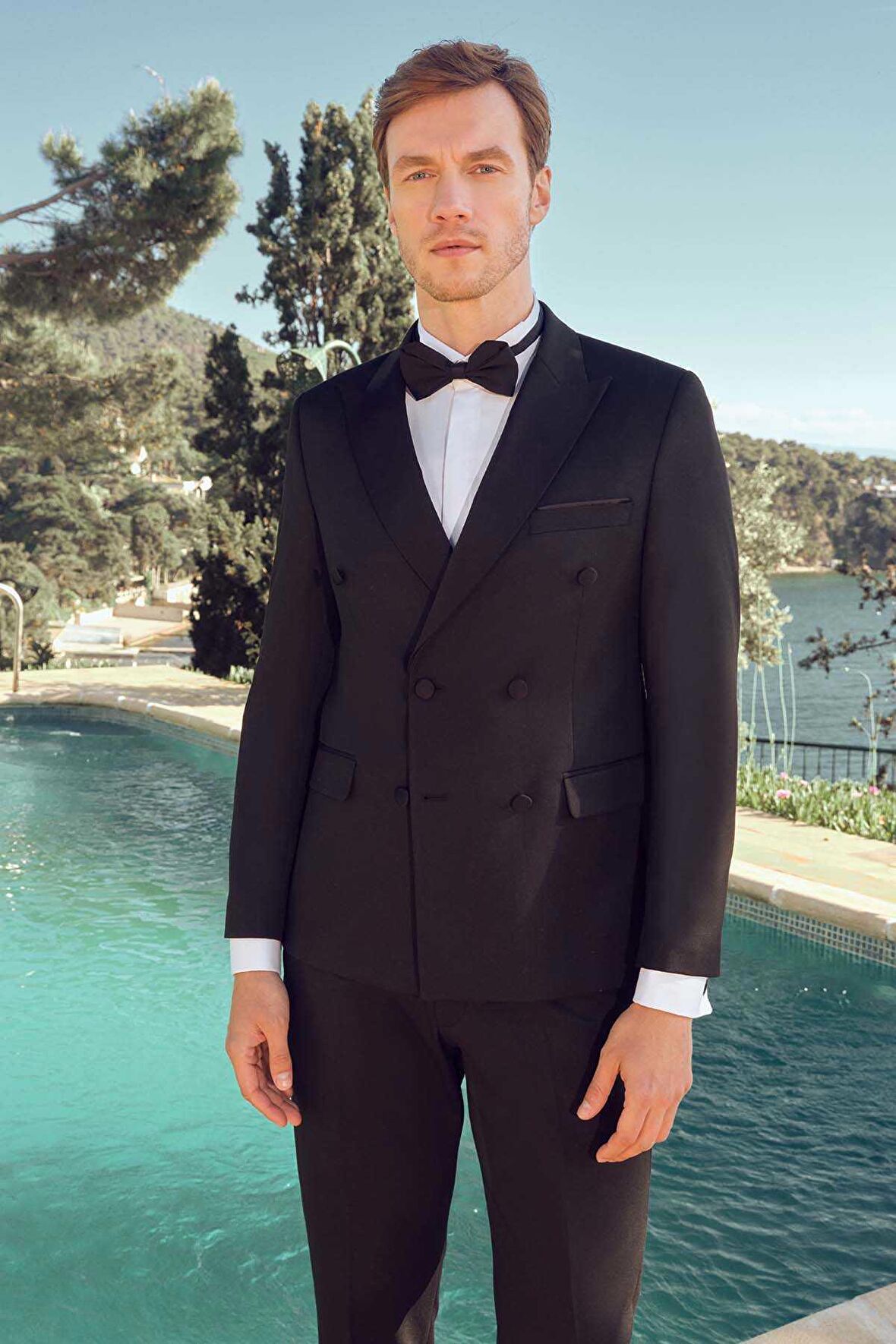  Erkek Siyah Poliviskon Ceromonia Kruvaze Slim Fit Sivri Çıkma Yaka Damatlık