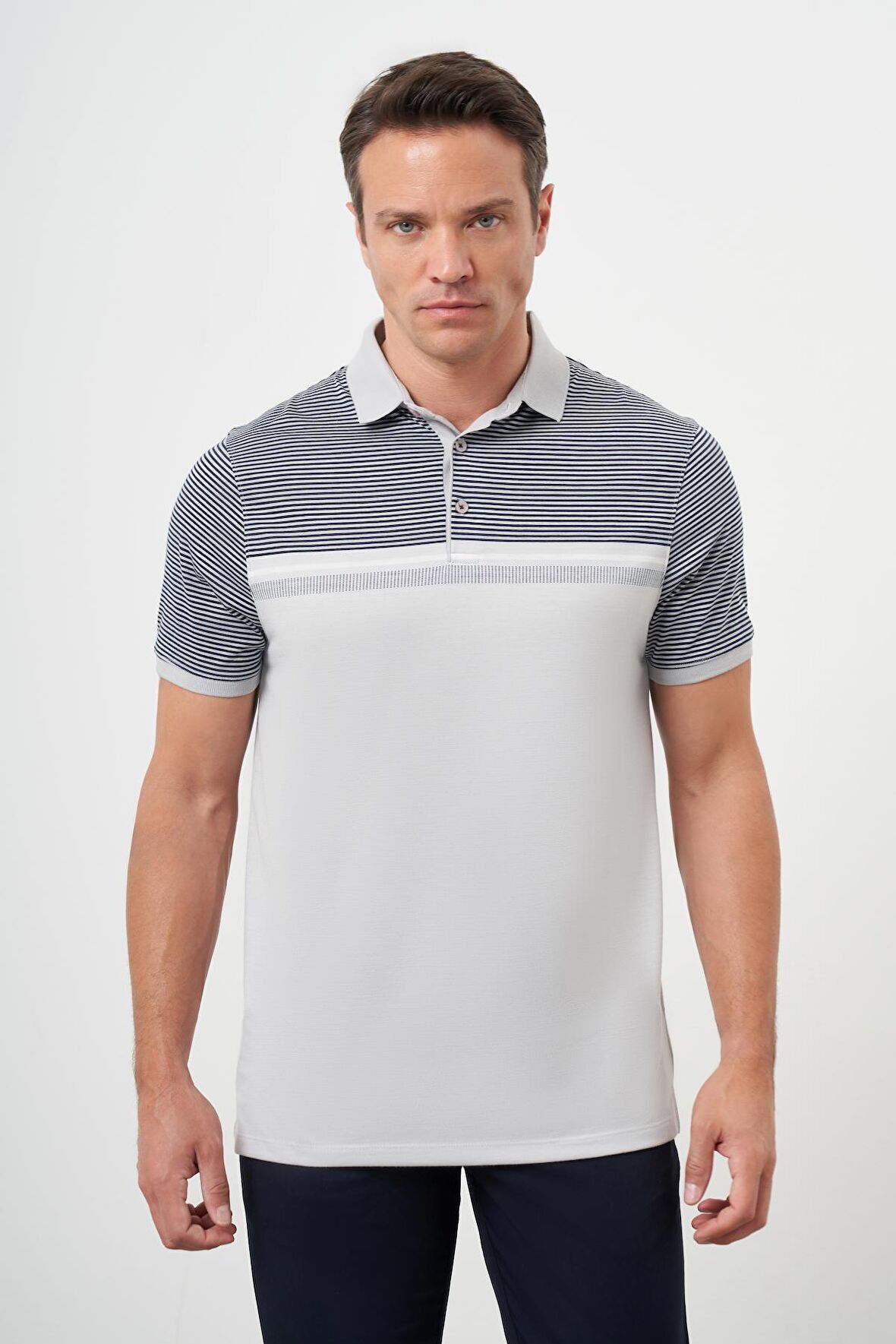  Erkek Gri Trend Çizgili Polo Yaka Dynamic Fit T-Shirt