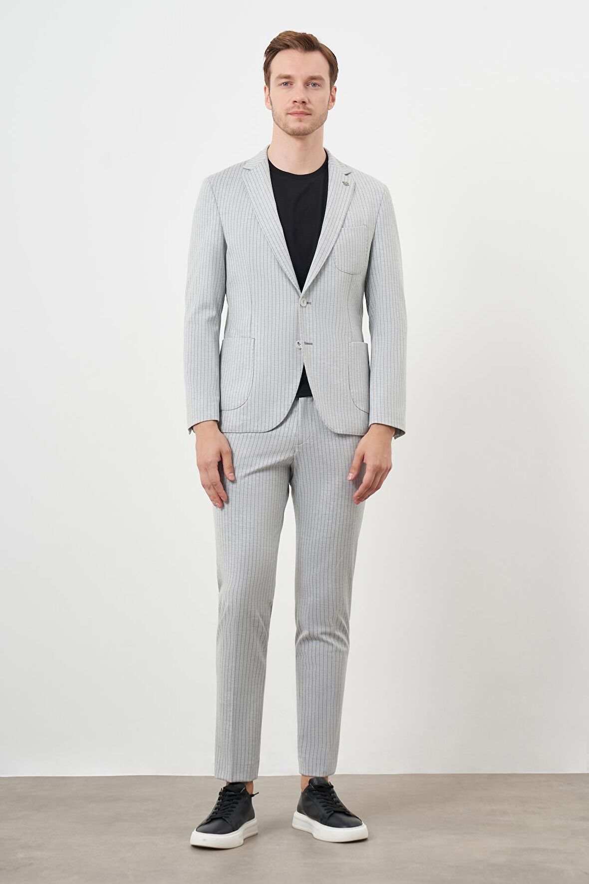  Erkek Gri Poliviskon Trend Çizgili Desen Slim Fit Mono Yaka Takım Elbise