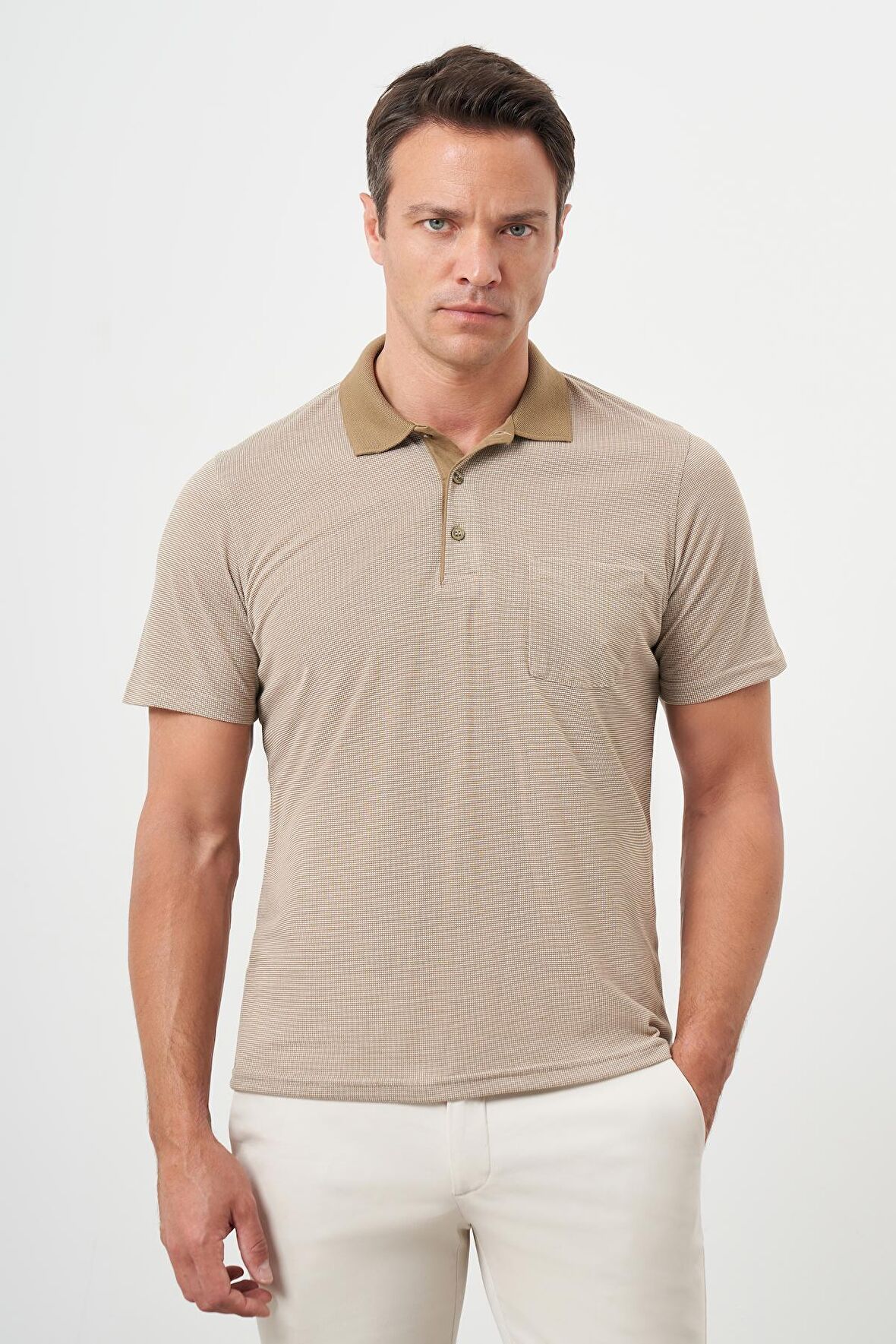  Erkek Bej Trend Cepli Polo Yaka T-Shirt