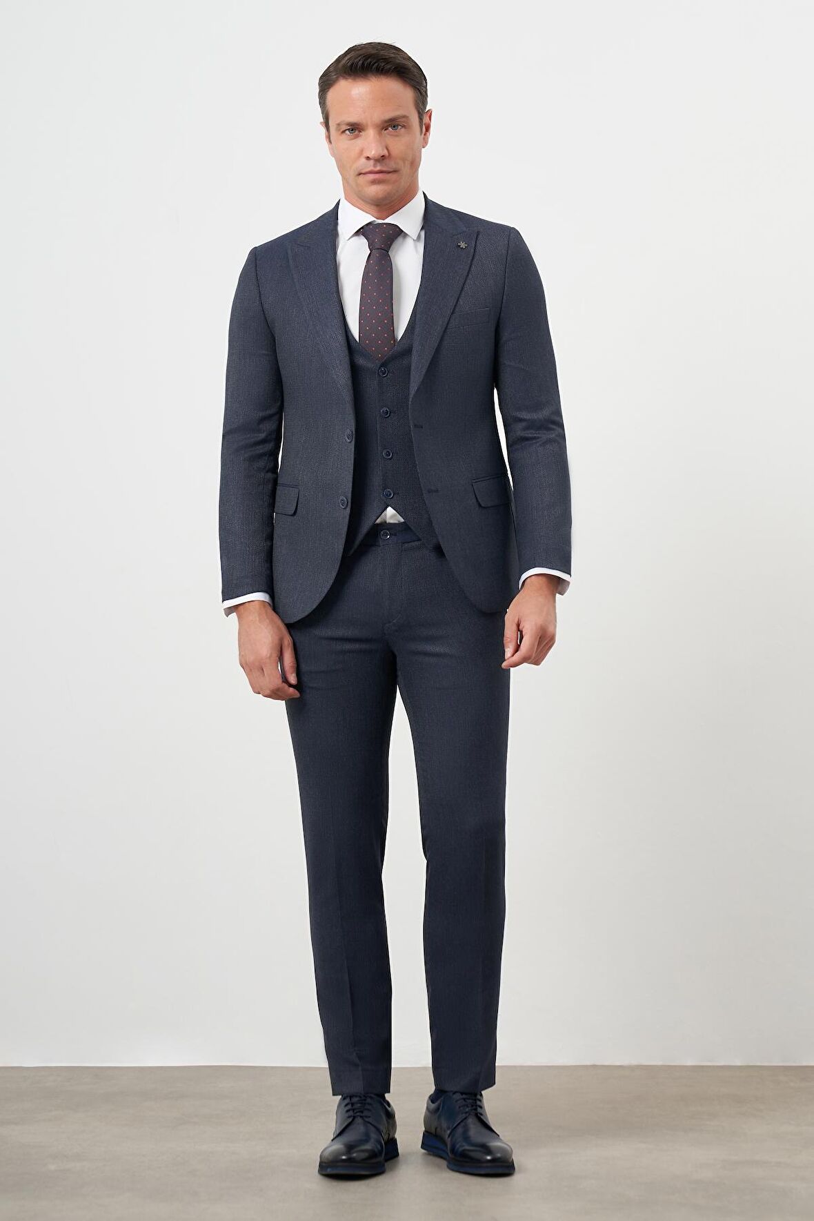  Erkek Lacivert Poliviskon Trend Yelekli Desenli Slim Fit Sivri Yaka Takım Elbise