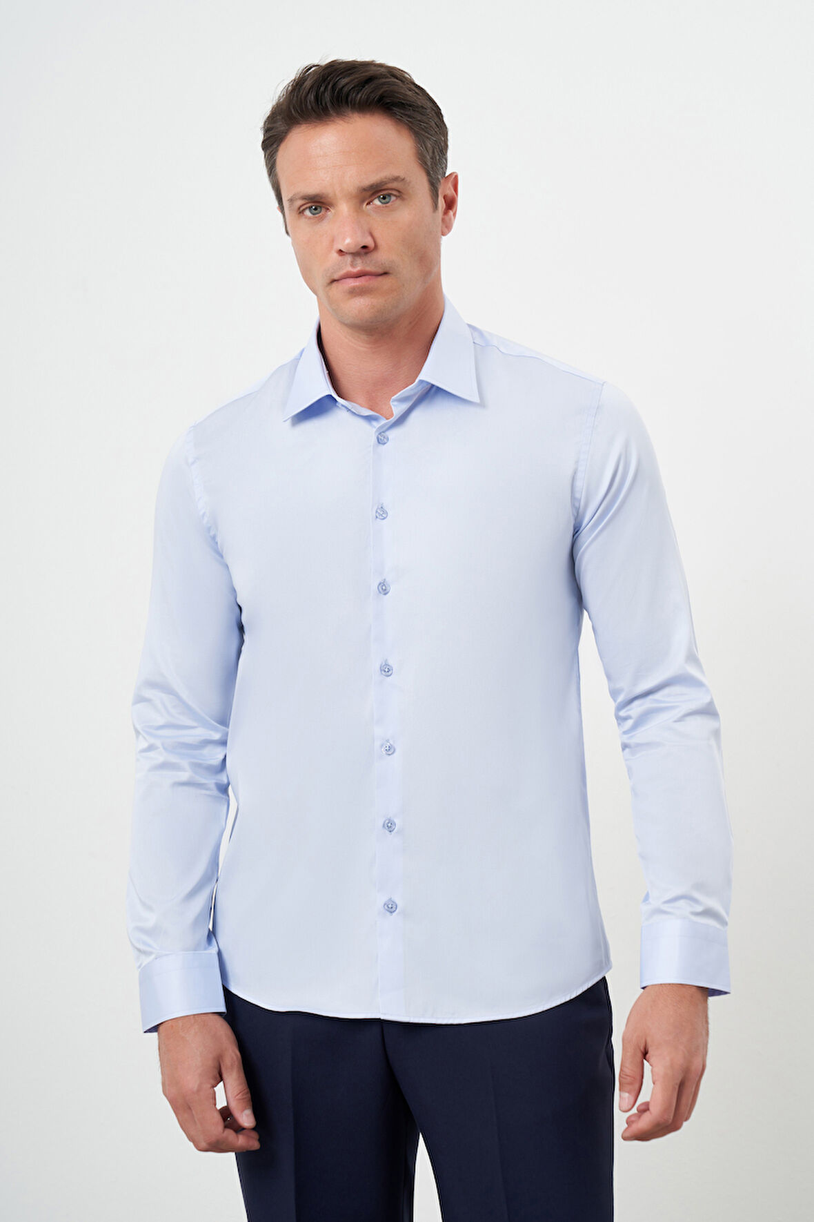  Erkek A. MAVİ Pamuk Düz Desen Sert Yaka Slim Fit  Gömlek