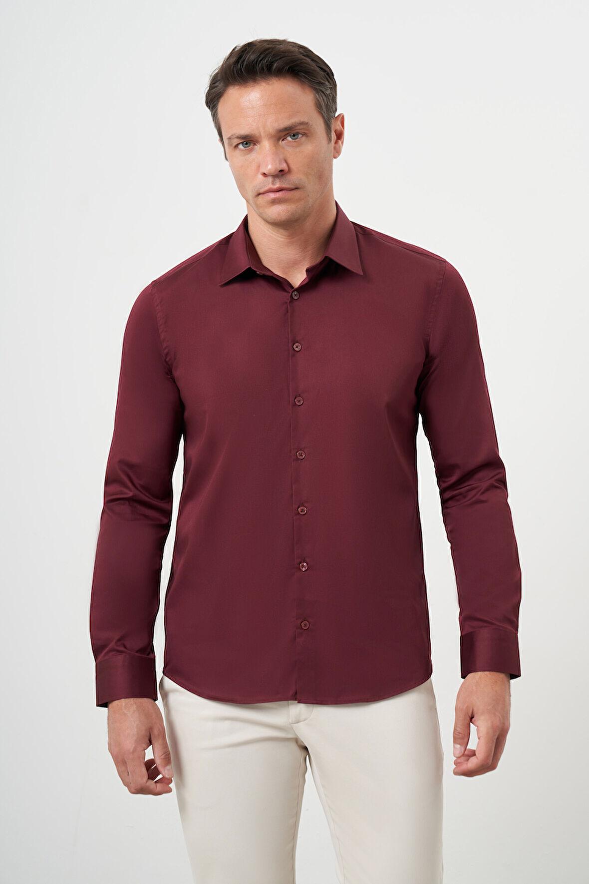  Erkek Bordo Pamuk Düz Desen Sert Yaka Slim Fit  Gömlek