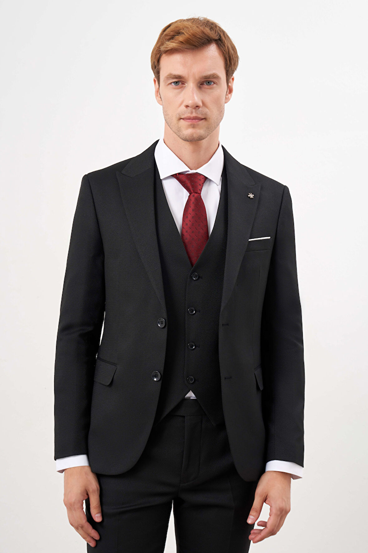  Erkek Siyah Poliviskon Basic Yelekli Jakar Desen Slim Fit Sivri Yaka Takım Elbise