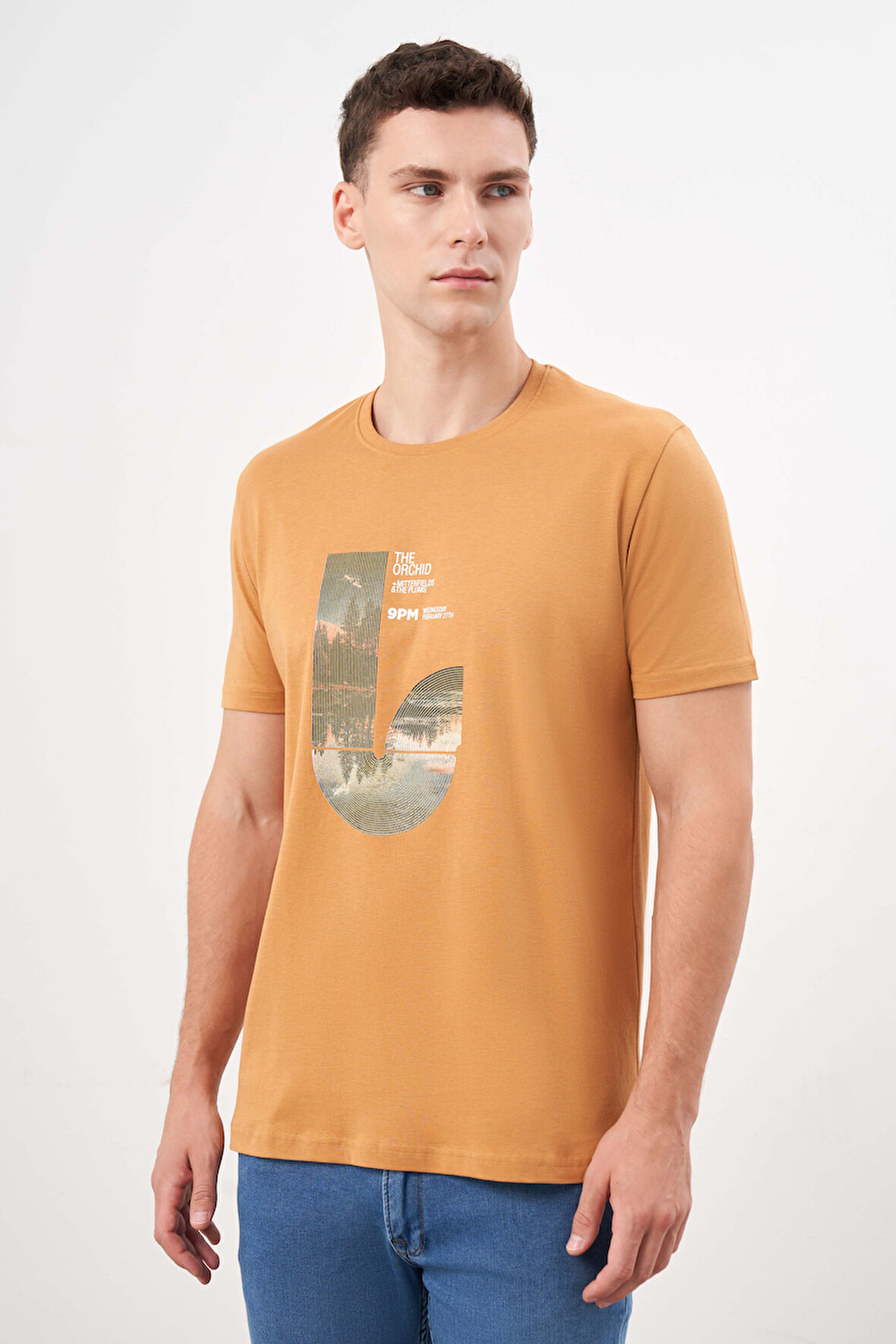  Erkek Hardal Sarısı Trend Süprem Baskılı Bisiklet Yaka Dynamic Fit T-Shirt