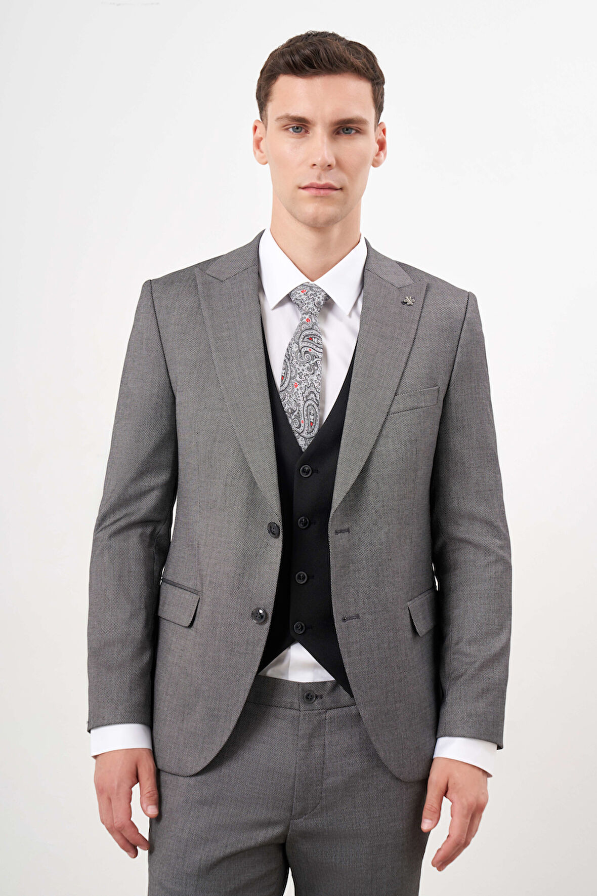  Erkek Siyah Poliviskon Trend Yelekli Kombinli  Sivri Yaka Takım Elbise