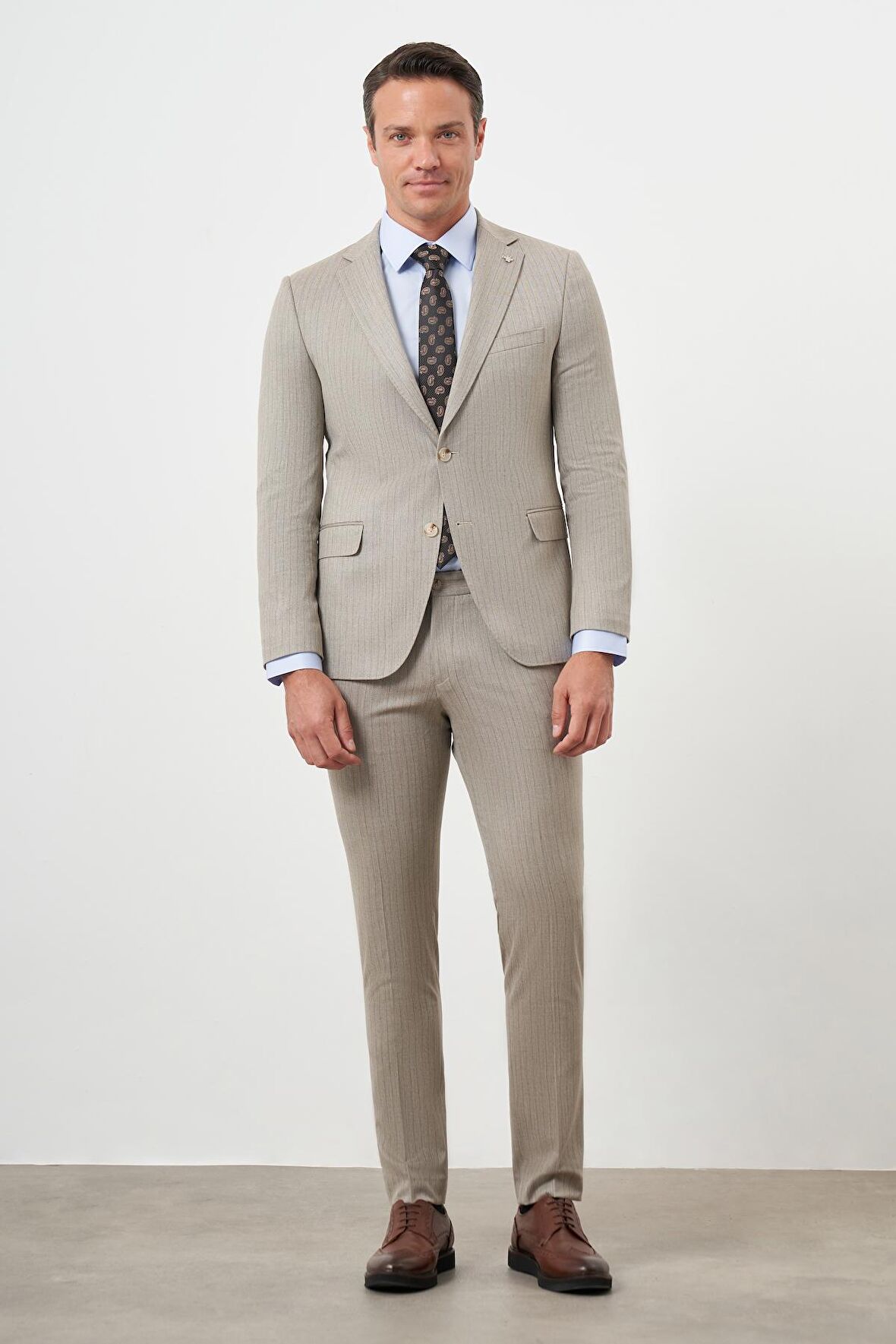  Erkek KAHVE Poliviskon Trend Çizgili Desen Slim Fit Mono Yaka Takım Elbise