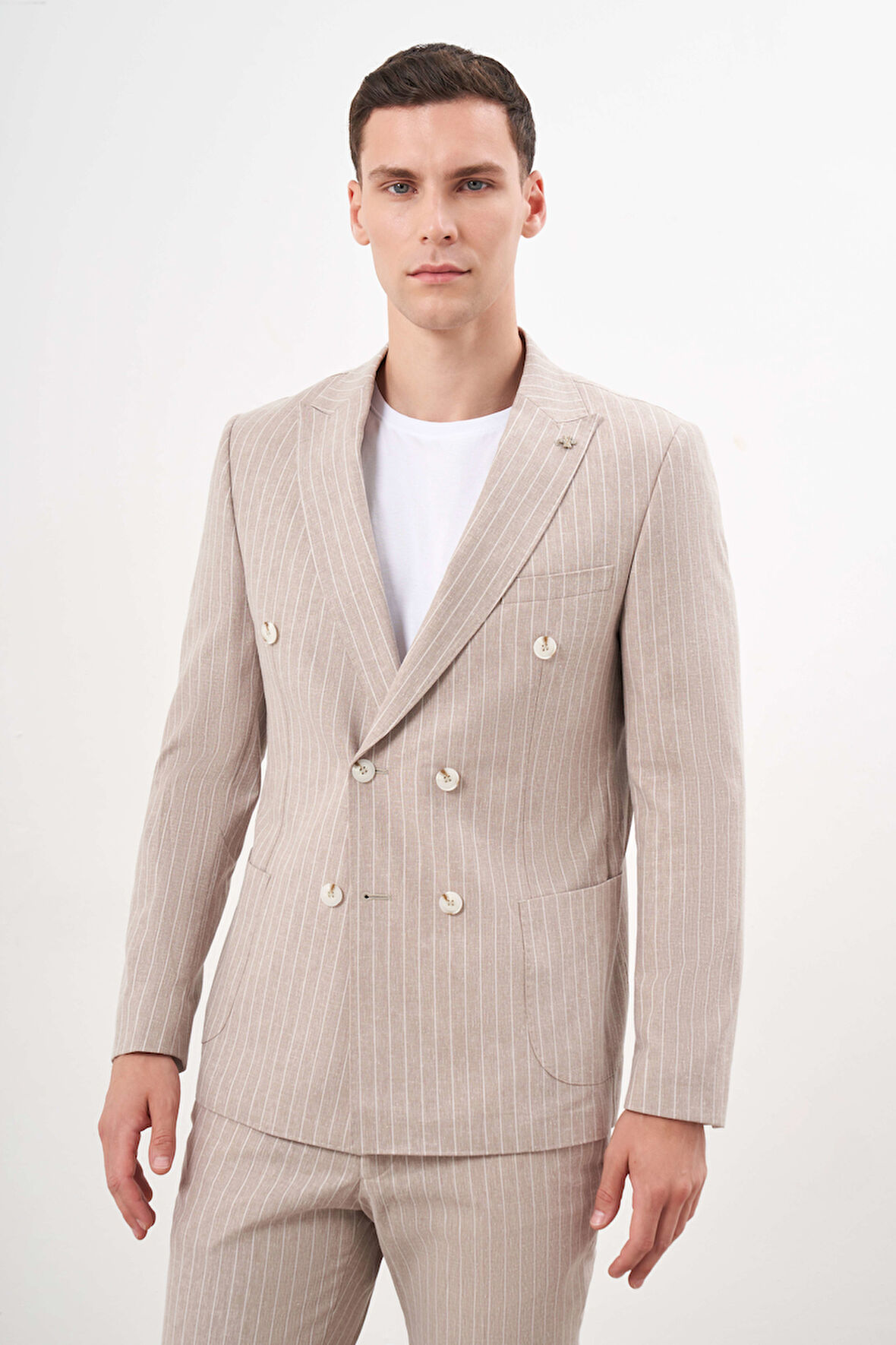  Erkek KAHVE Keten Trend Kruvaze Slim Fit Sivri Yaka Takım Elbise