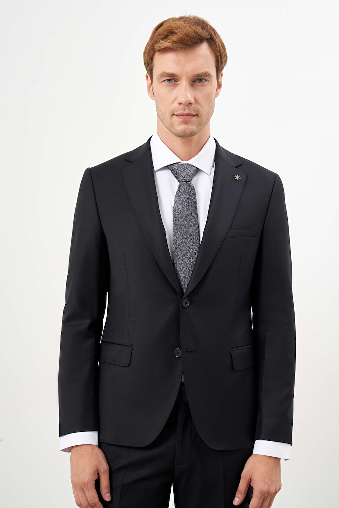 Erkek Siyah Yünlü Platinium Düz Desen Slim Fit Mono Yaka Takım Elbise