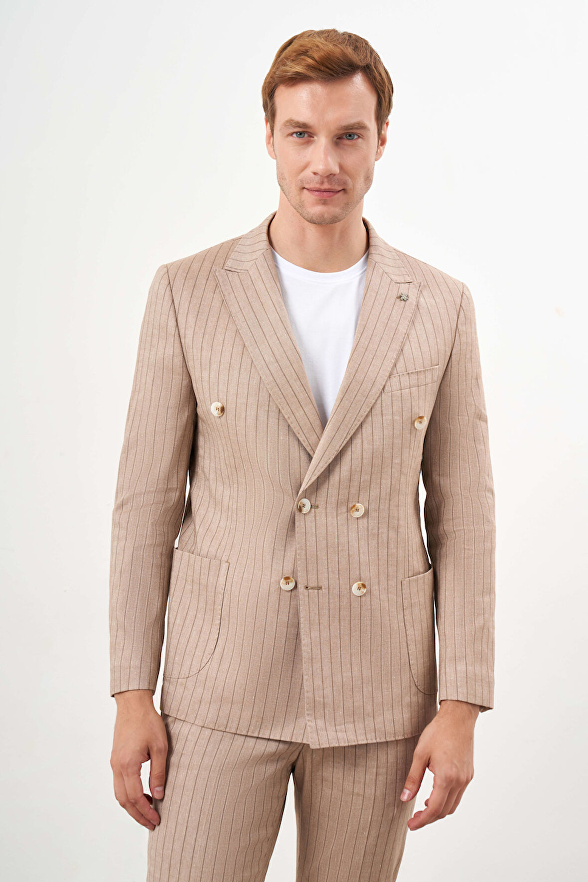  Erkek Kremrengi Keten Trend Kruvaze Slim Fit Sivri Yaka Takım Elbise