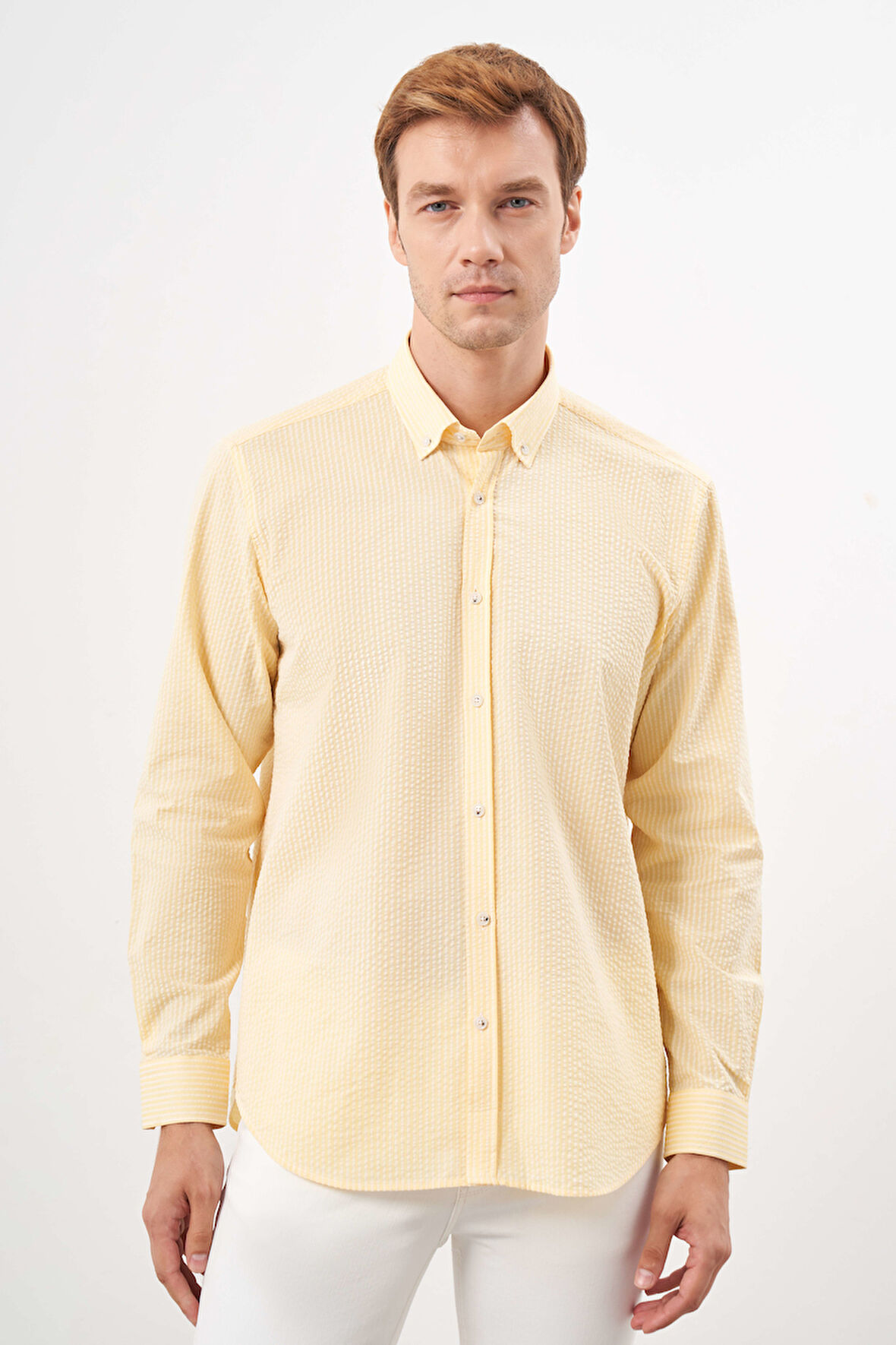 Erkek Sarı Pamuk Çizgili Panolu Düğmeli Yaka Regular Fit Gömlek
