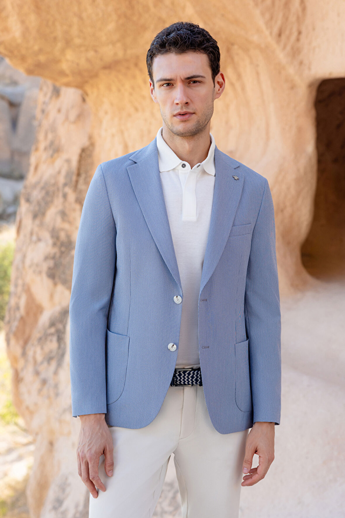 Erkek Mavi Dokuma Slim Fit Torba Cep Mono Yaka Spor Ceket