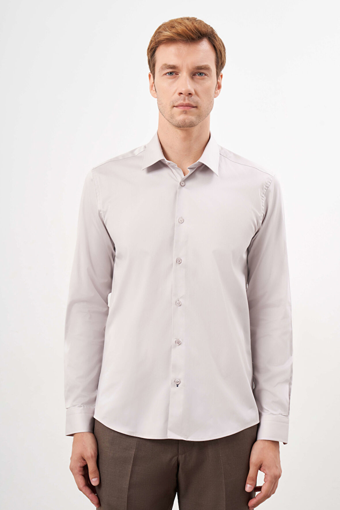  Erkek Taş Pamuk Düz Desen Sert Yaka Slim Fit  Gömlek