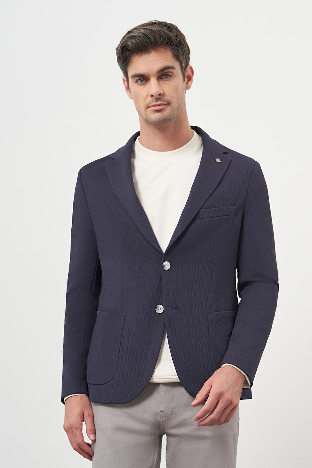  Erkek Lacivert Örme Slim Fit Torba Cep Mono Yaka Spor Ceket
