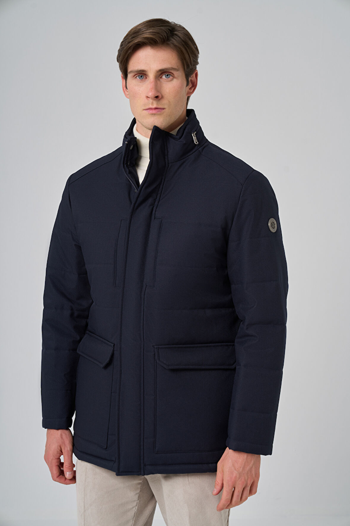  Erkek Lacivert Polyester Çıtçıtlı Kapüşonlu Mont