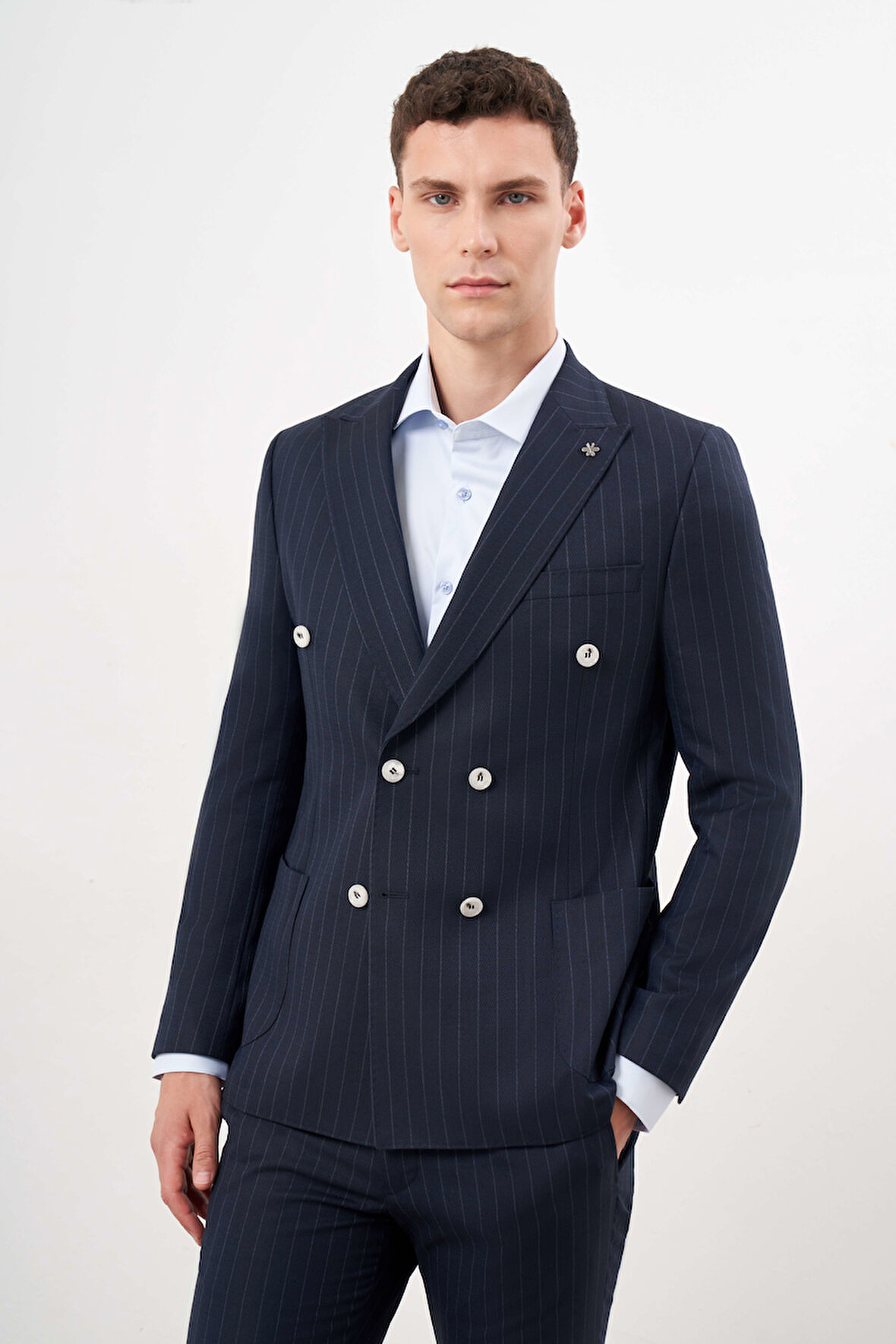  Erkek Lacivert Poliviskon Trend Kruvaze Slim Fit Sivri Yaka Takım Elbise