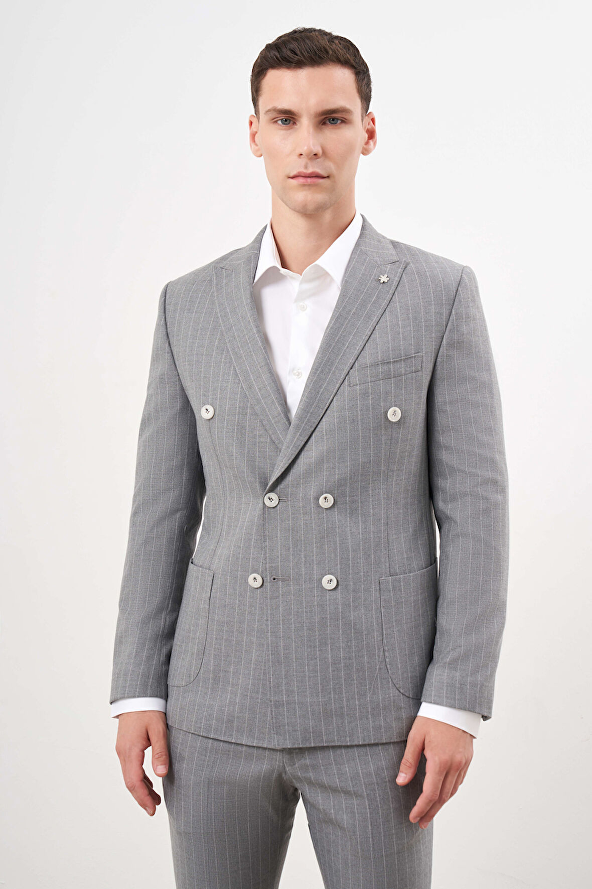 Erkek Gri Poliviskon Trend Kruvaze Slim Fit Sivri Yaka Takım Elbise