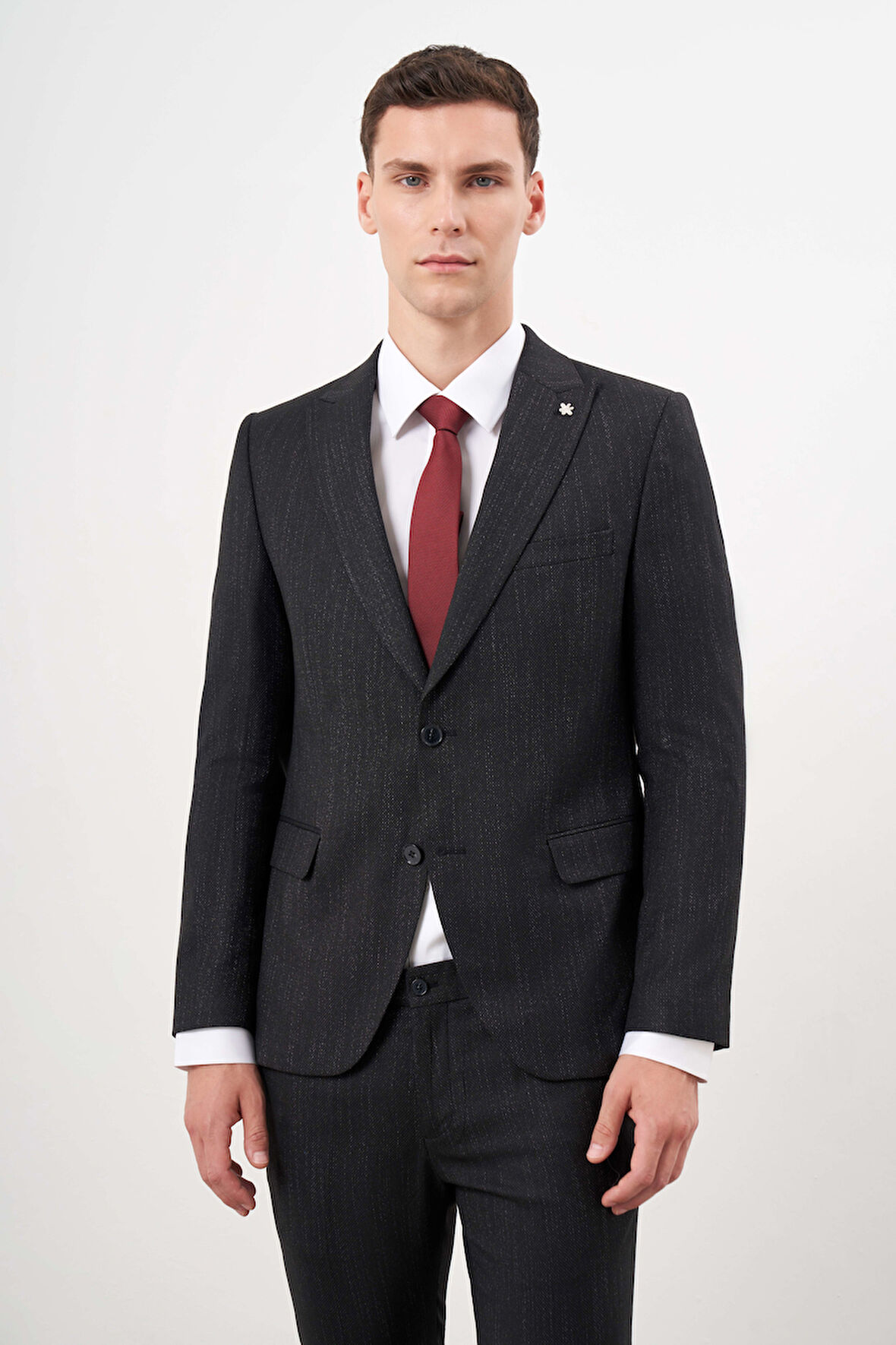  Erkek Siyah Poliviskon Trend Desenli Slim Fit  Sivri Yaka Takım Elbise