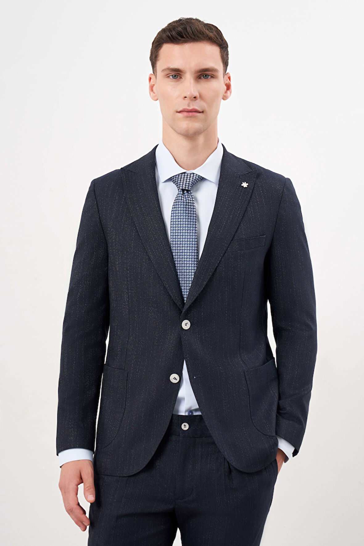  Erkek Lacivert Poliviskon Trend Desenli Slim Fit Mono Yaka Takım Elbise
