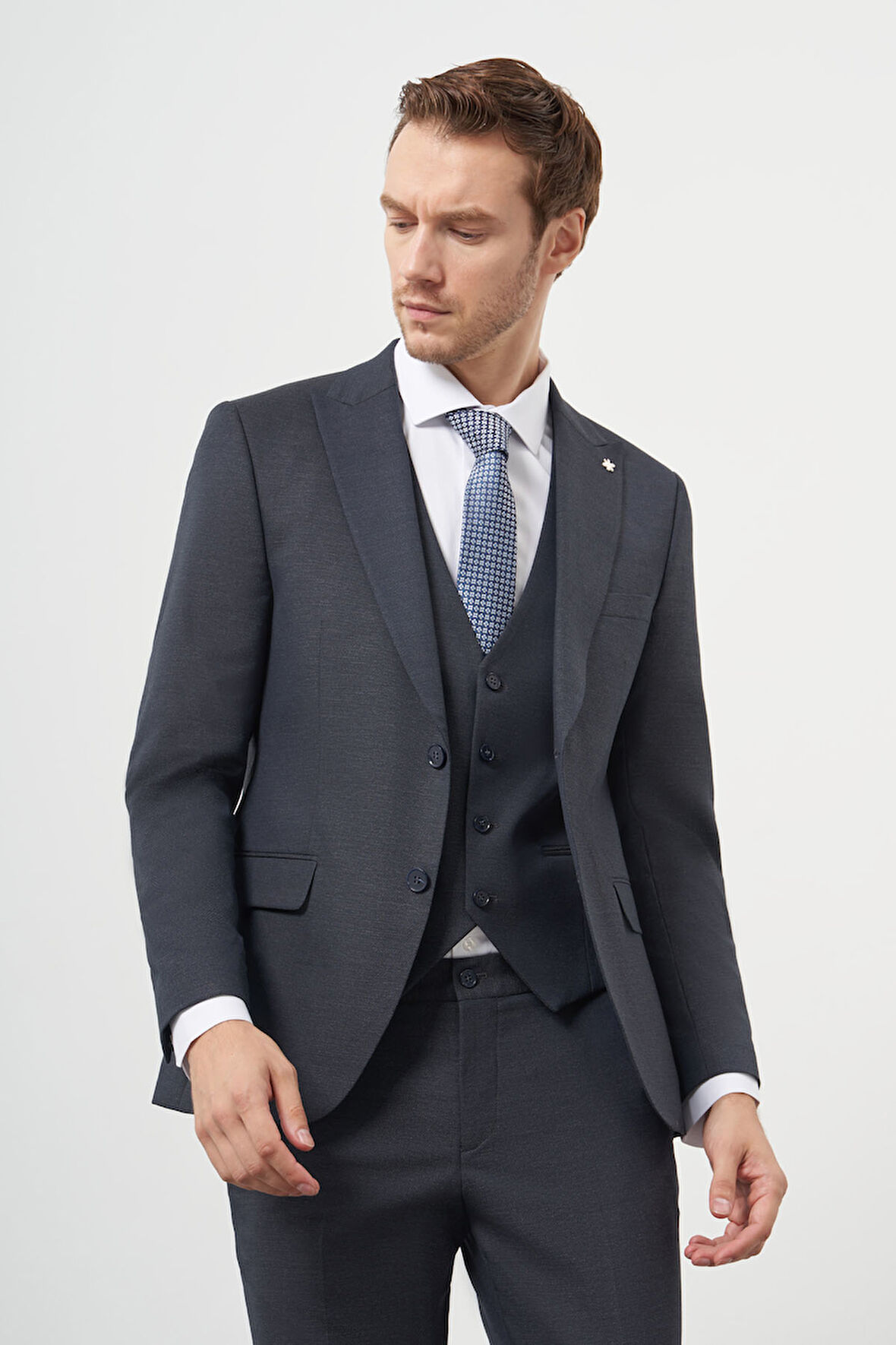  Erkek Lacivert Poliviskon Trend Yelekli Desenli Slim Fit Sivri Yaka Takım Elbise